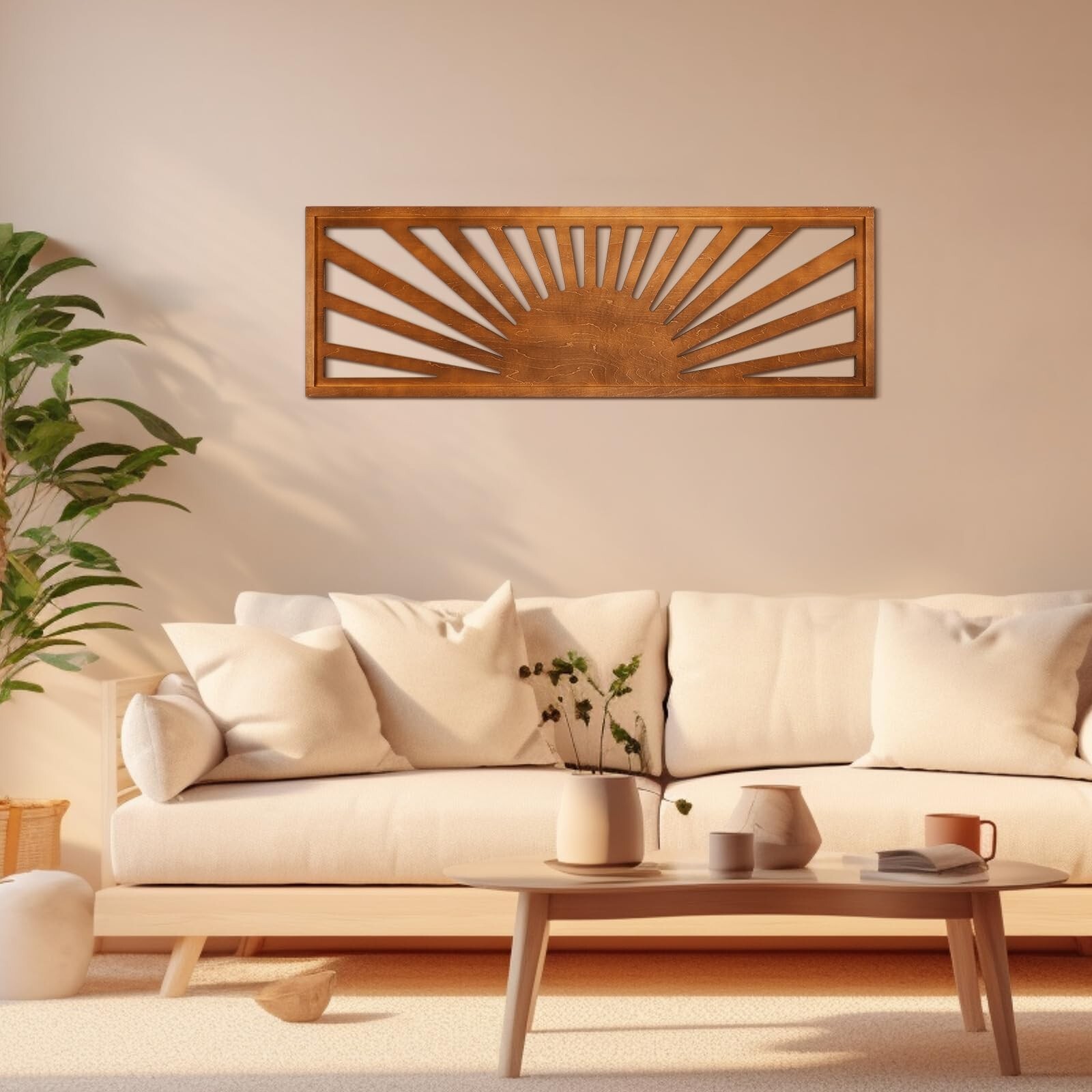 Burbell Wood Sunset Wall Art Long Horizontal Wall Art Decor Boho Sun Wall Art…