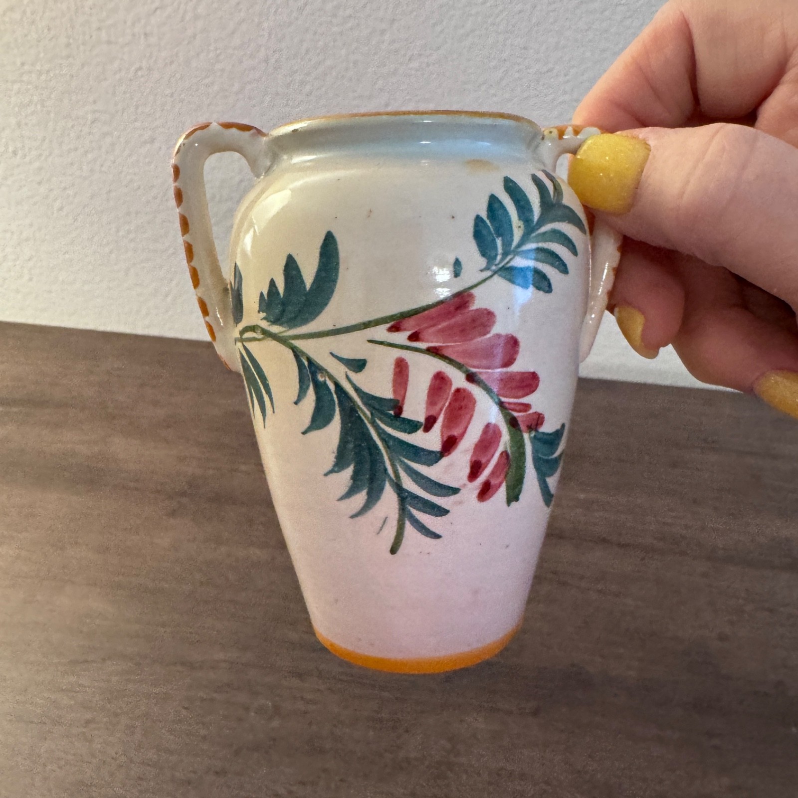 Vintage MADE IN ITALY Gorgeous 4″ Hand Painted Floral Print Glazed Ceramic Vase