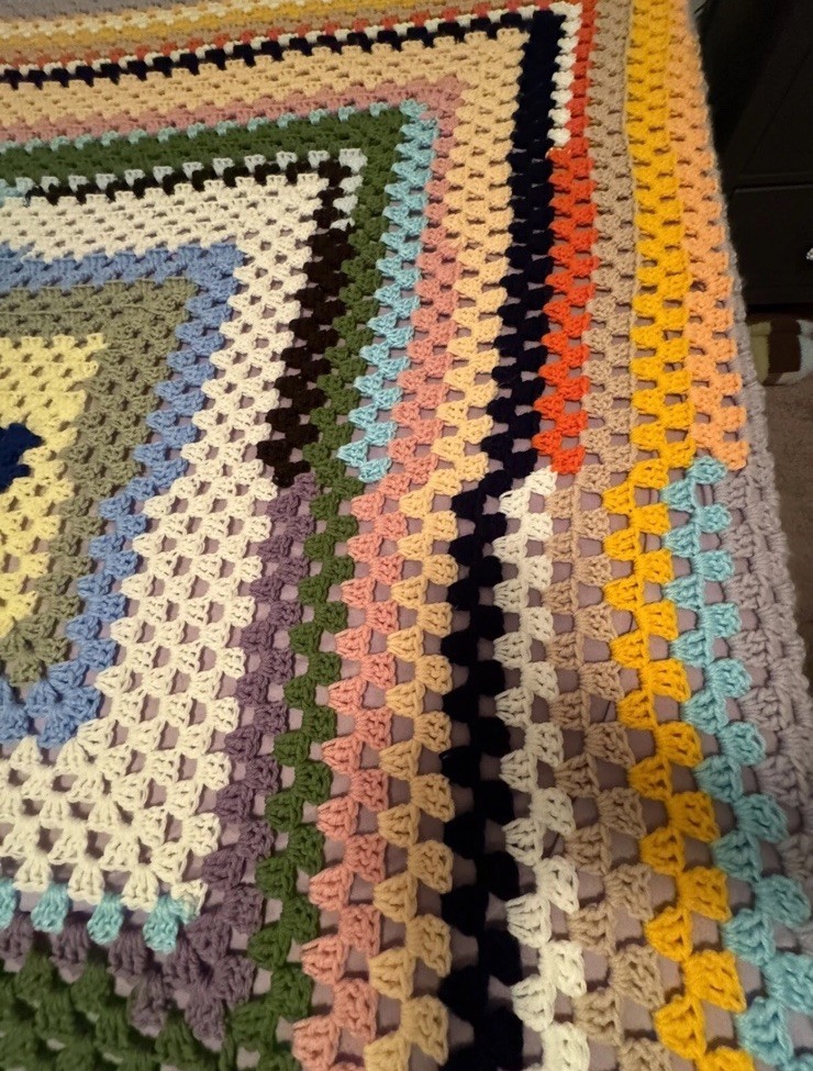 Vintage Crochetted Afghan 68.5″ x 68″ – Scrap Style / Shabby Chic / Cottagecore