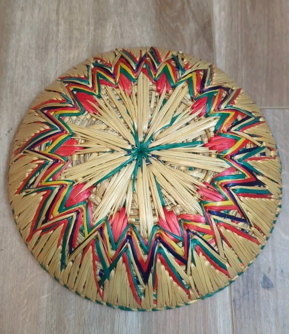 Vtg Handmade Moonj Grass Woven Basket 10in. Made In India Colorful Starburst