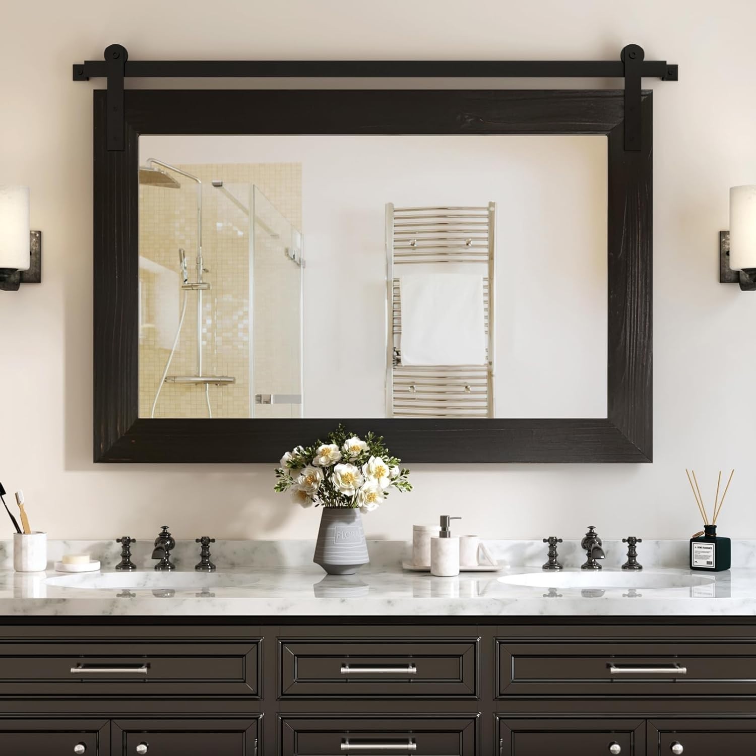 Rustic wood framed Farmhouse Barn Door Mirror 41″ x 26″ Black