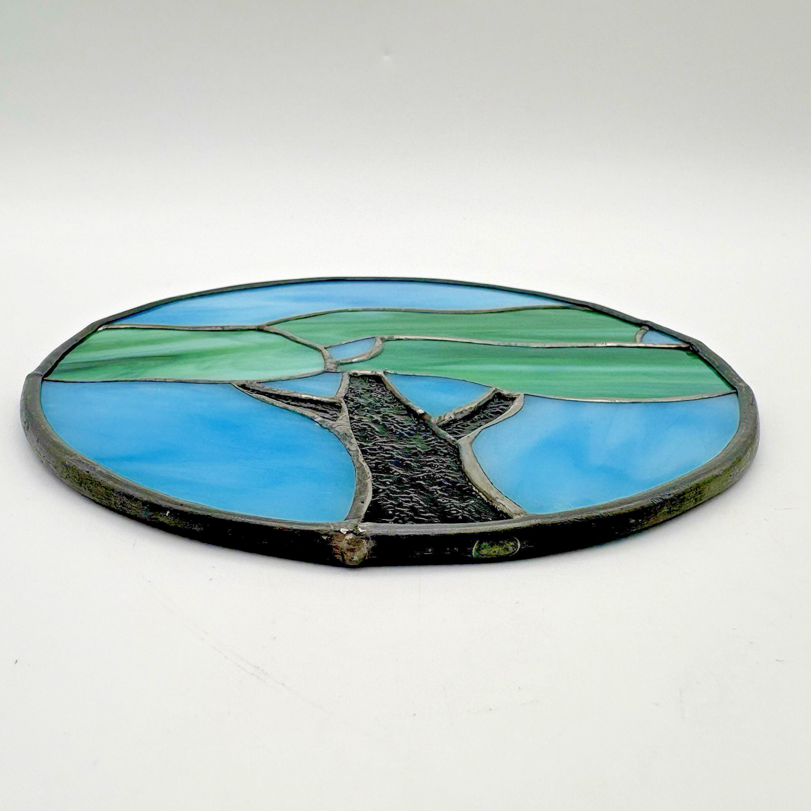Stained Glass SunCatcher Tree Sky Scene Window Round Loops for Hanging 6.125″