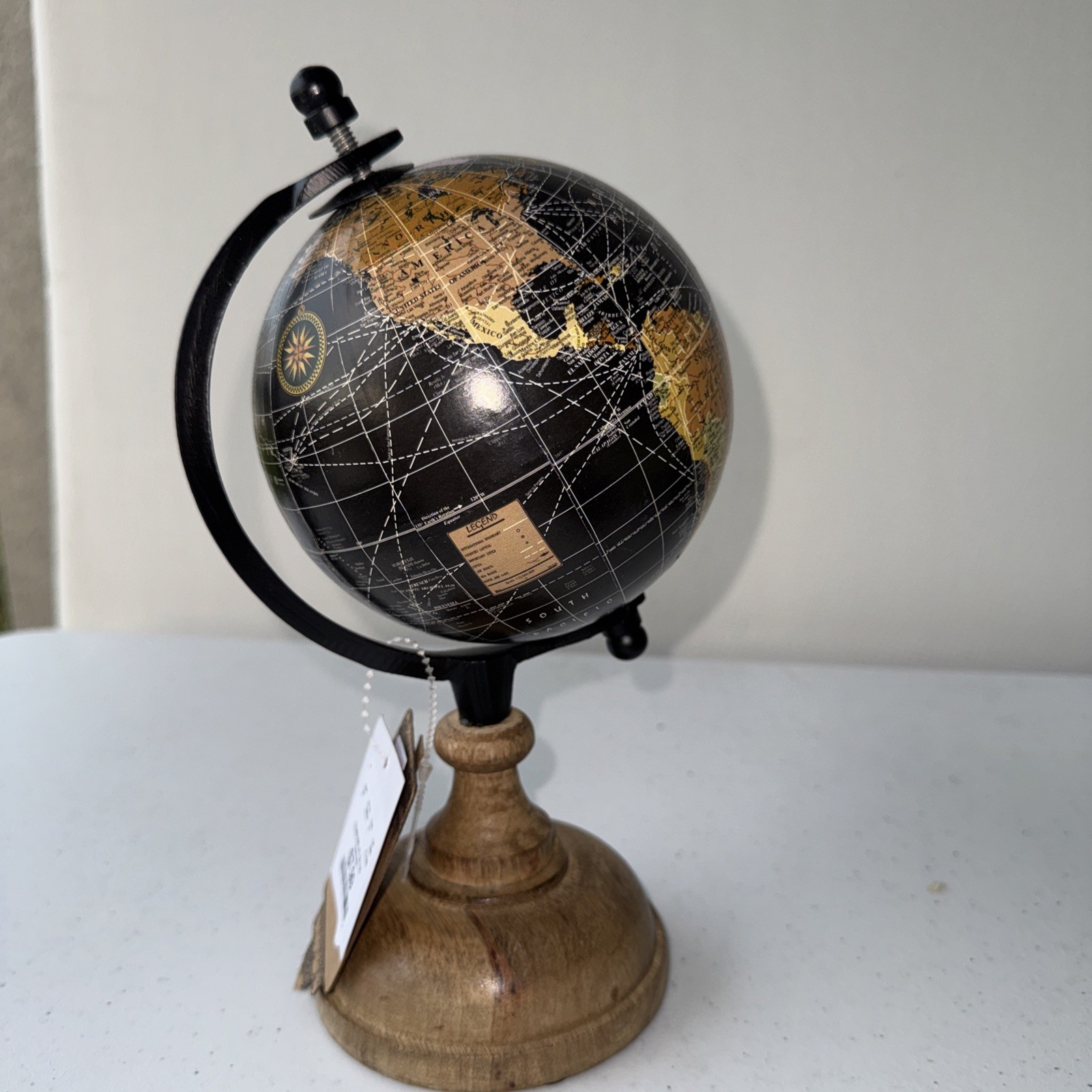 Decorative Tabletop Rotating Globe Black Beige with Wooden Base New