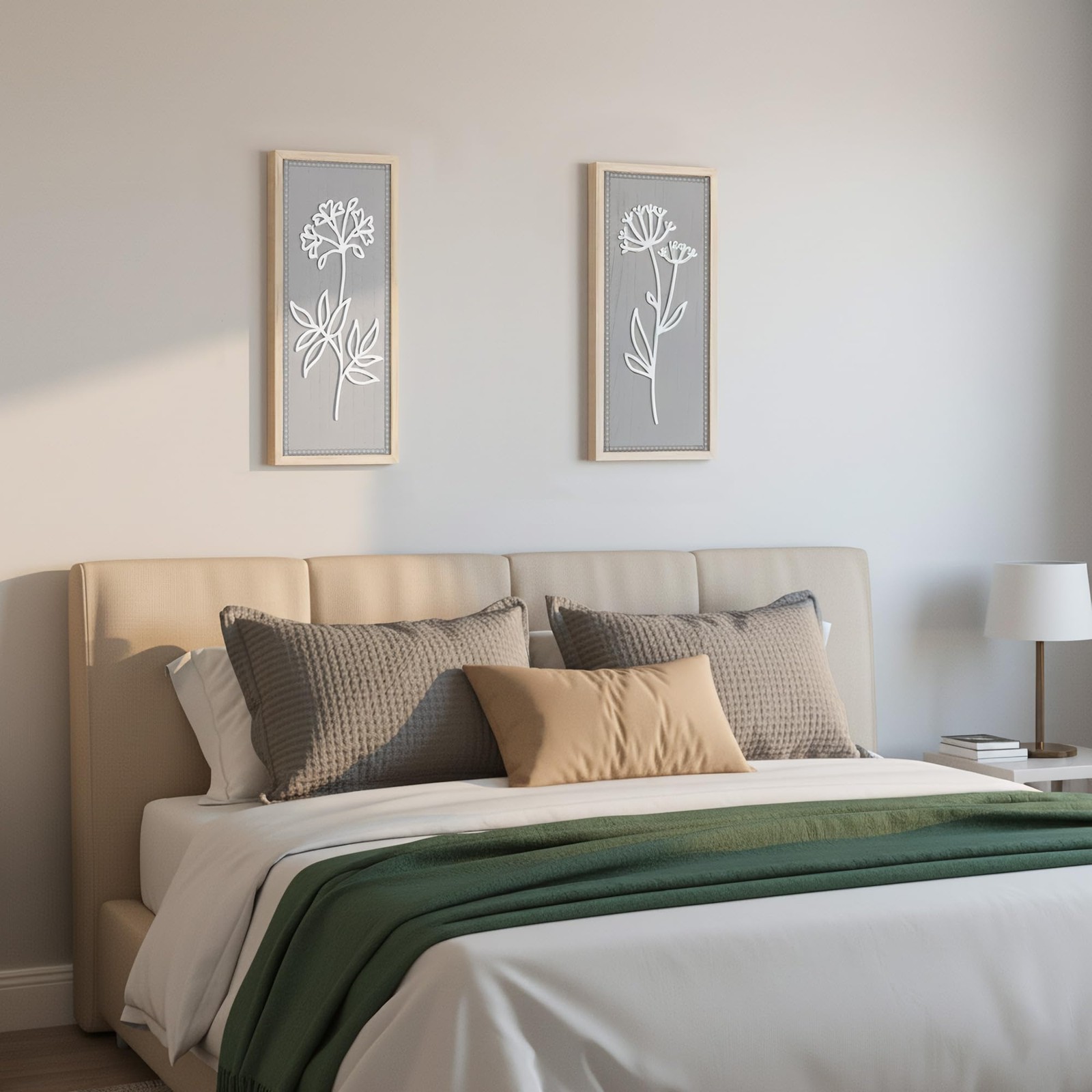 Gray Bathroom Wall Decor Set of 2, 3D Wooden Floral Wall Art, Neutral Boho Fa…