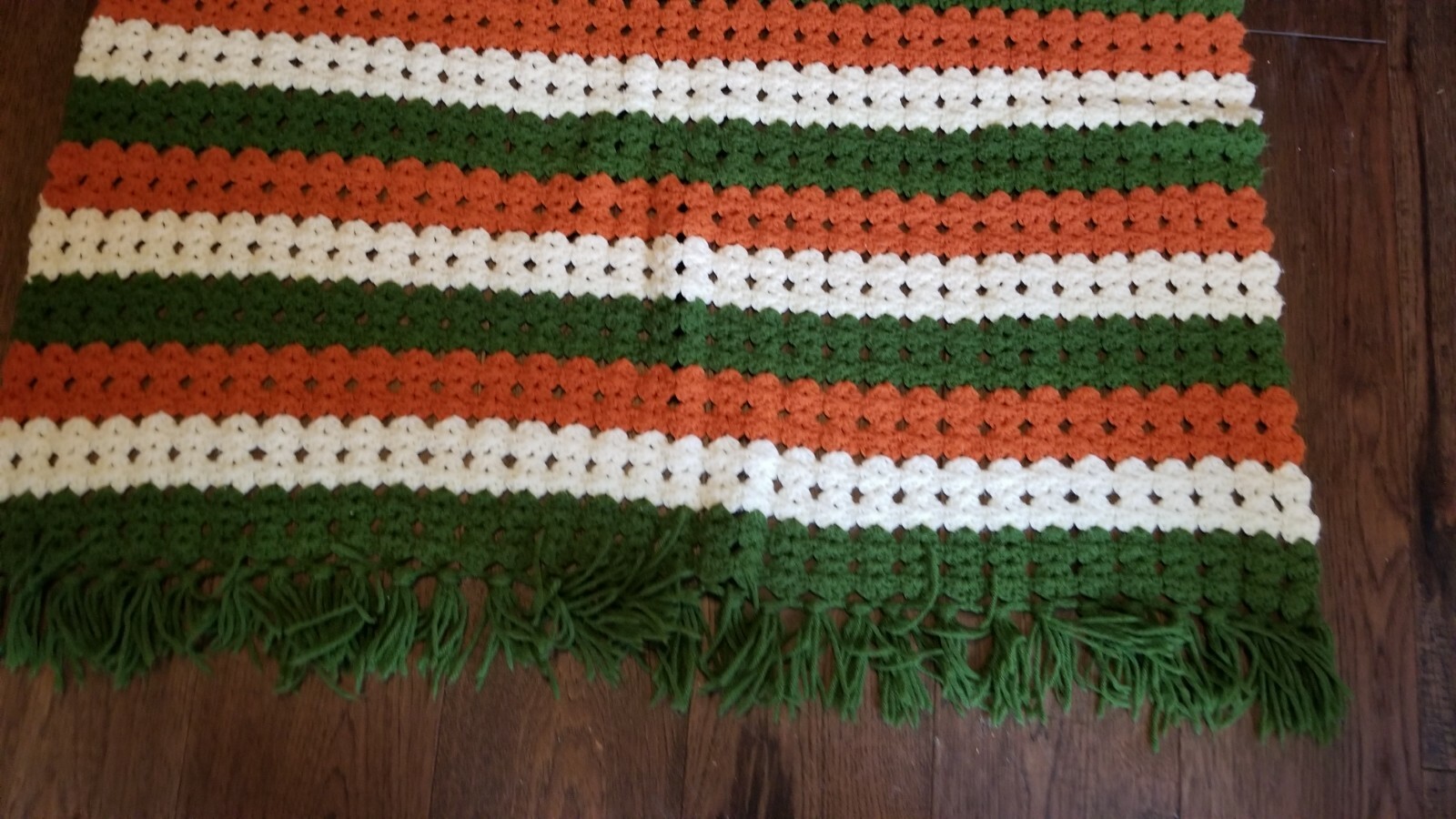 Afghan Blanket Handmade Pattern In Fall Colors Orange Green White 42″ x 68″