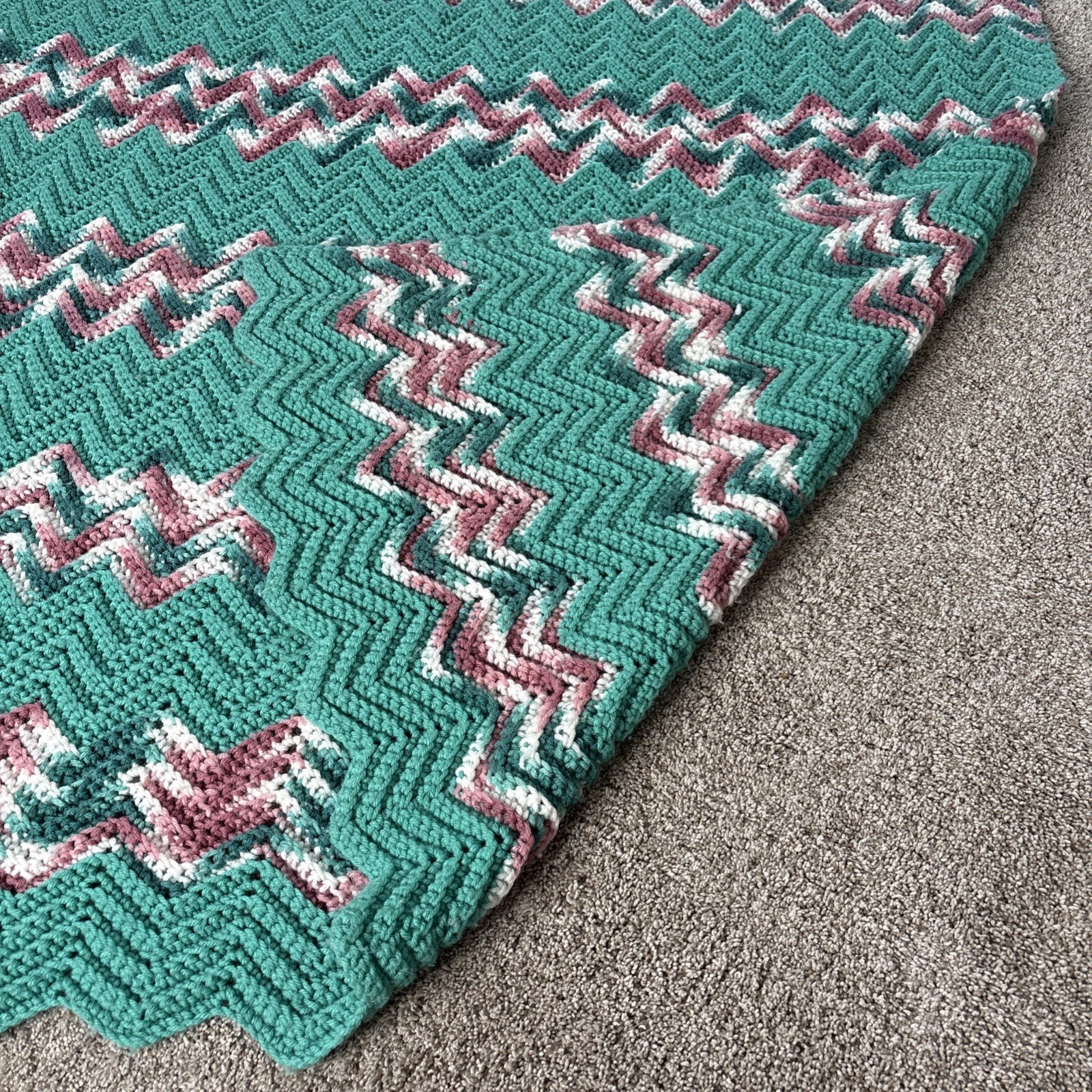 Handmade Crochet AFGHAN Knit Chevron Zig Zag Blanket Throw Teal Pink White