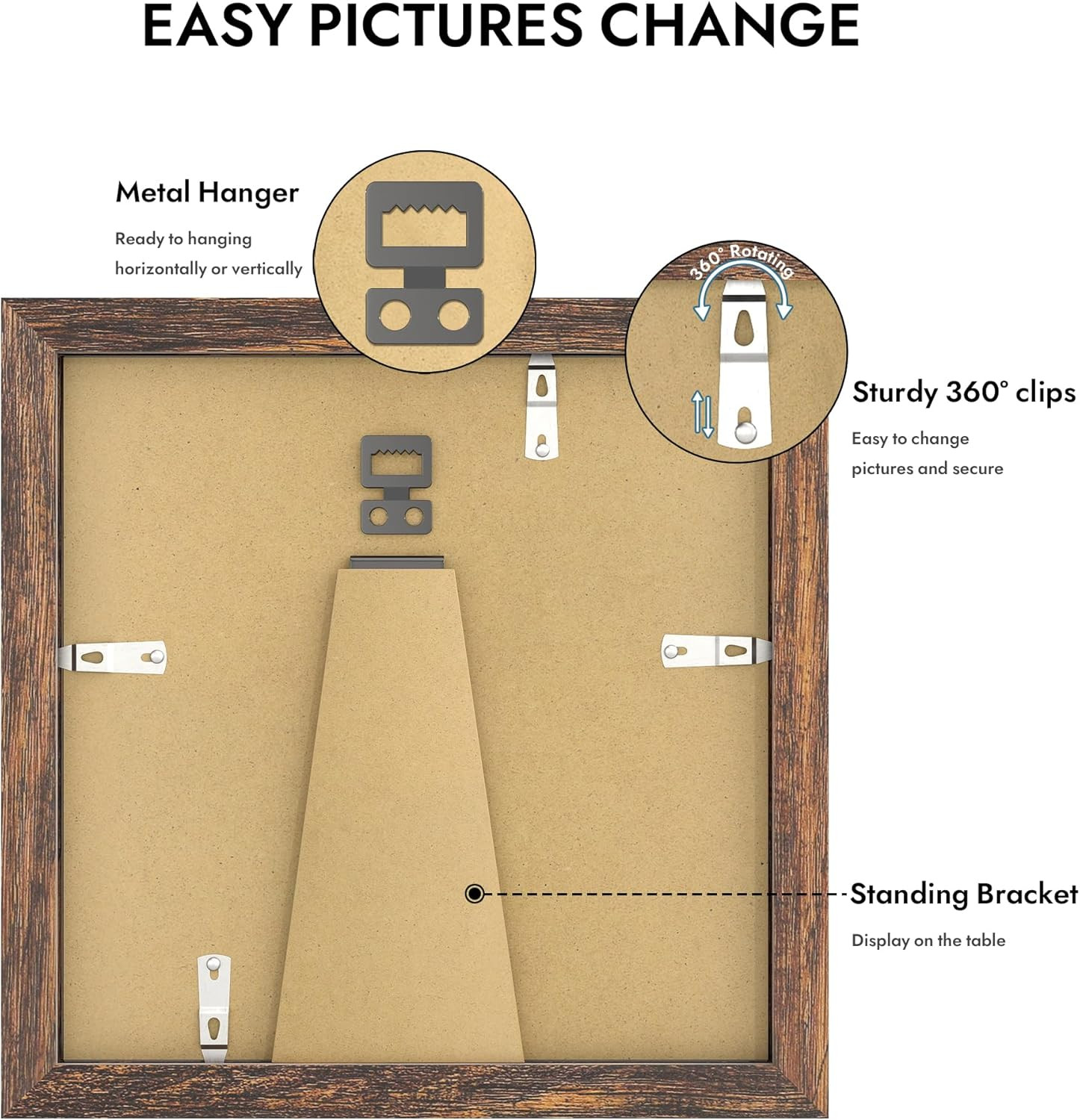 8×8 Picture Frame with Glass, Display Pictures 6×6 with Mat 8X8 in Rustic Brown