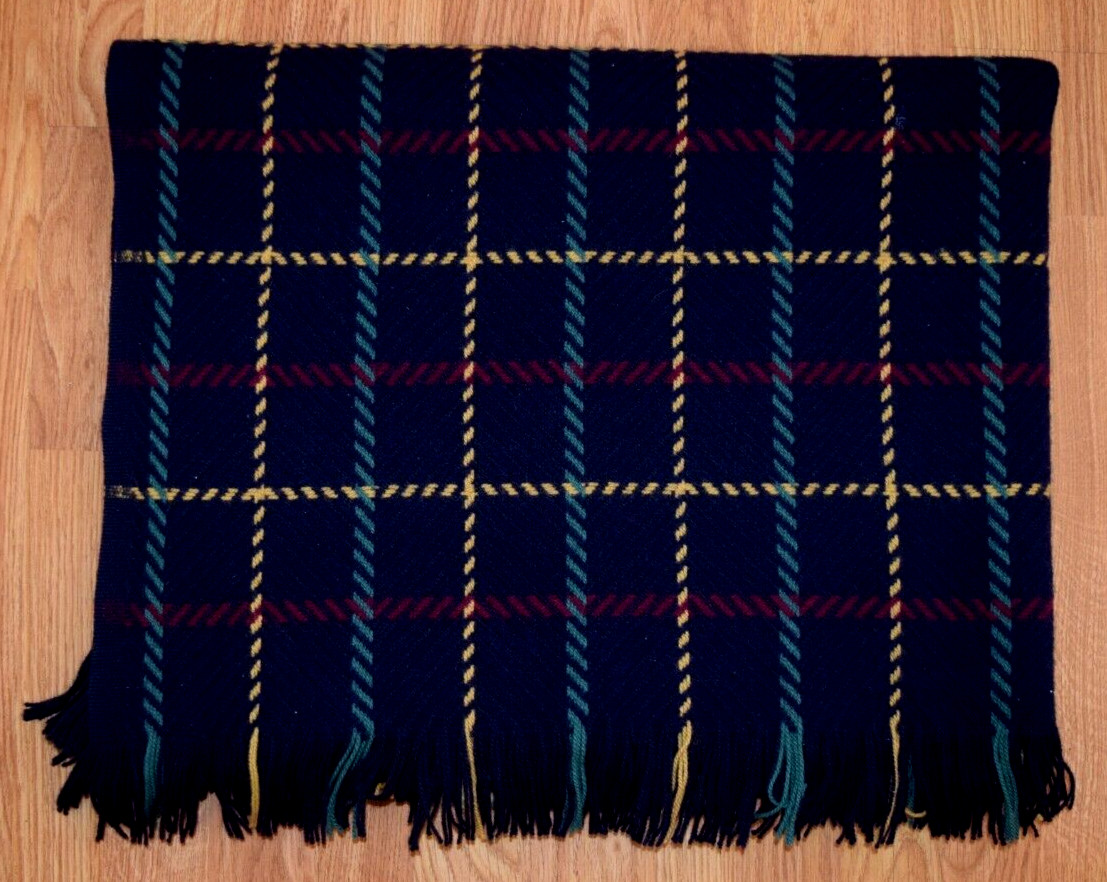FARIBAULT WOOLEN MILL Morgan & Oates Navy Red Yellow Green Plaid Fringed Throw