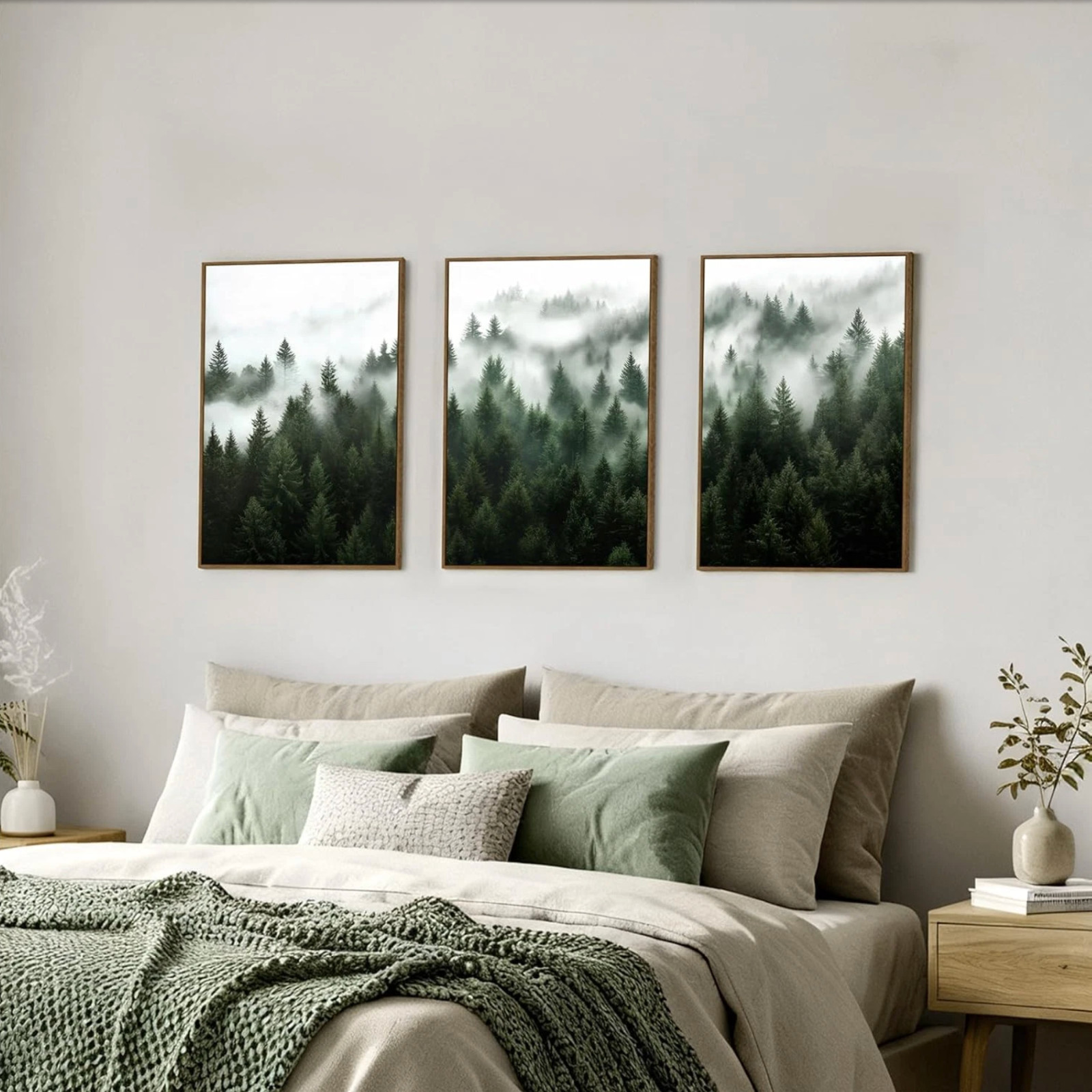 Zessonic Green Fog Pine Tree Forest Framed Canvas Wall Art, Foggy Forest Nature