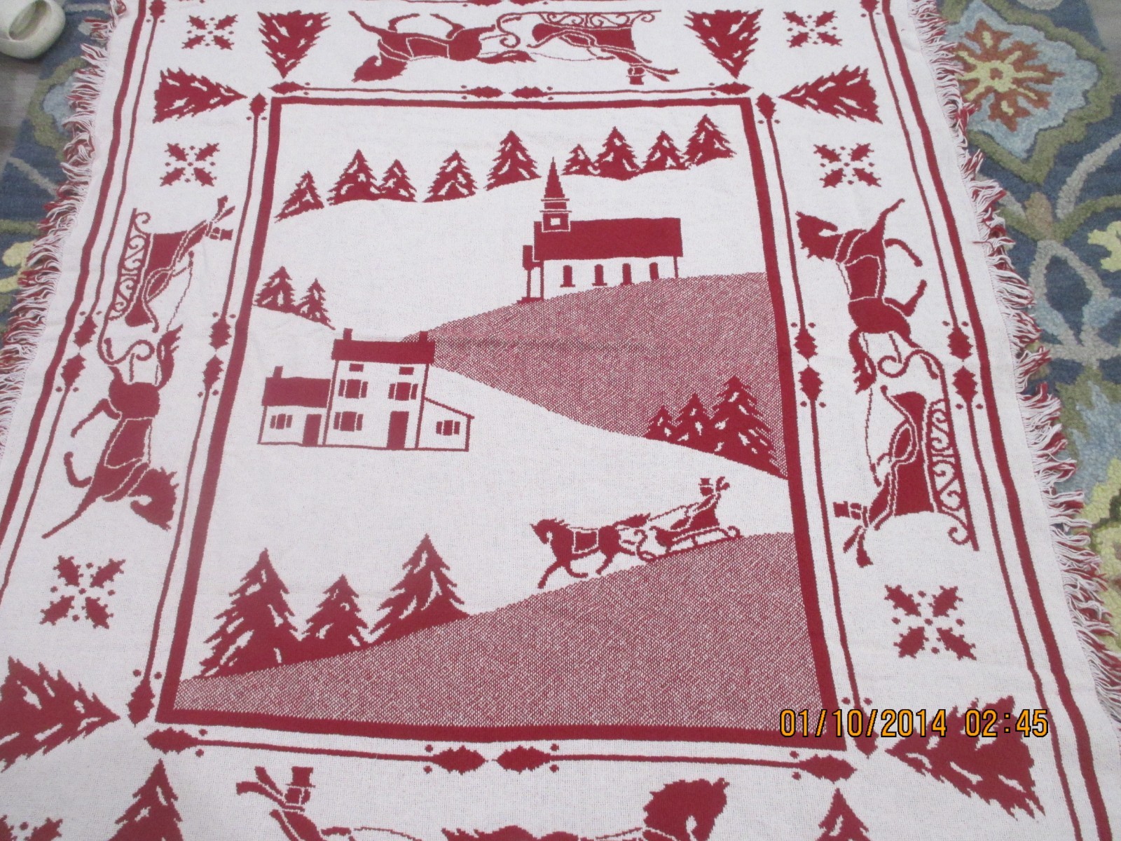 Fieldcrest Christmas Lap Blanket 50×60 Fringed Ends 100% Cotton