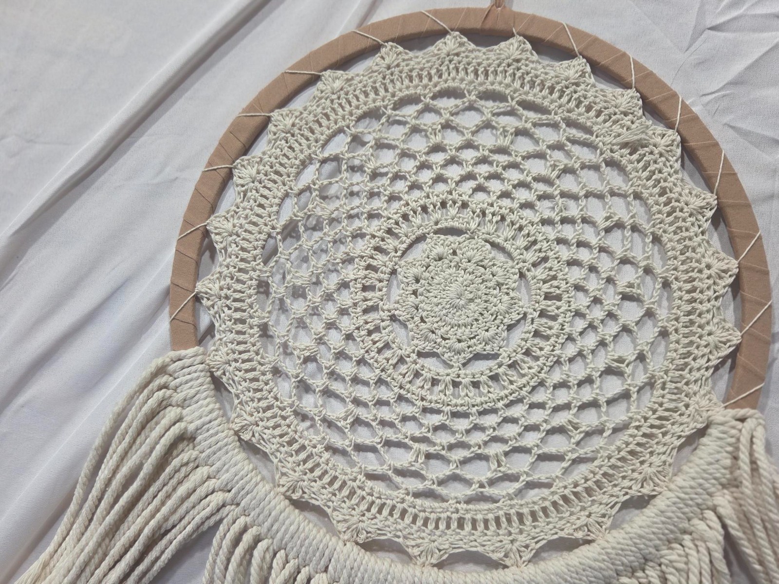 White & Tan Macrame Dream Catcher Native American Boho Style Neutral