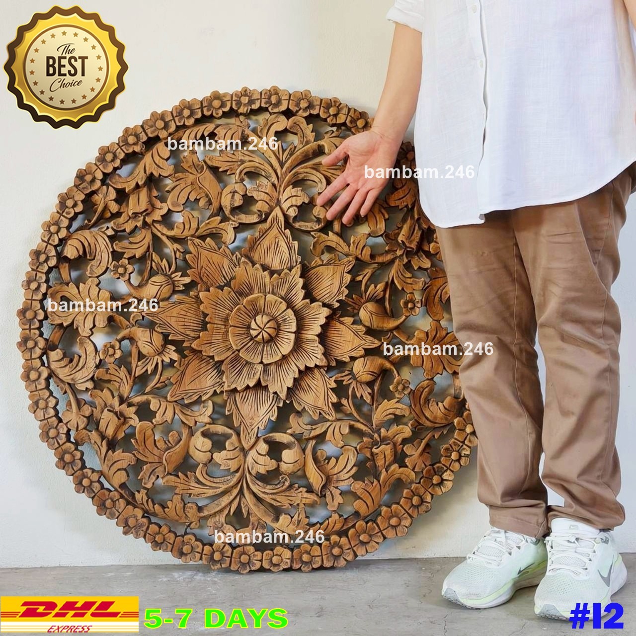 Large Round Teak Wood Wall Art 35 in Floral Flower Design Thai Carving for Livin
