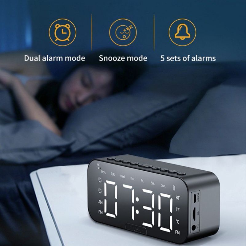 Portable Digital Alarm Clock FM Radio Wireless Bluetooth Mirror LED With Speaker