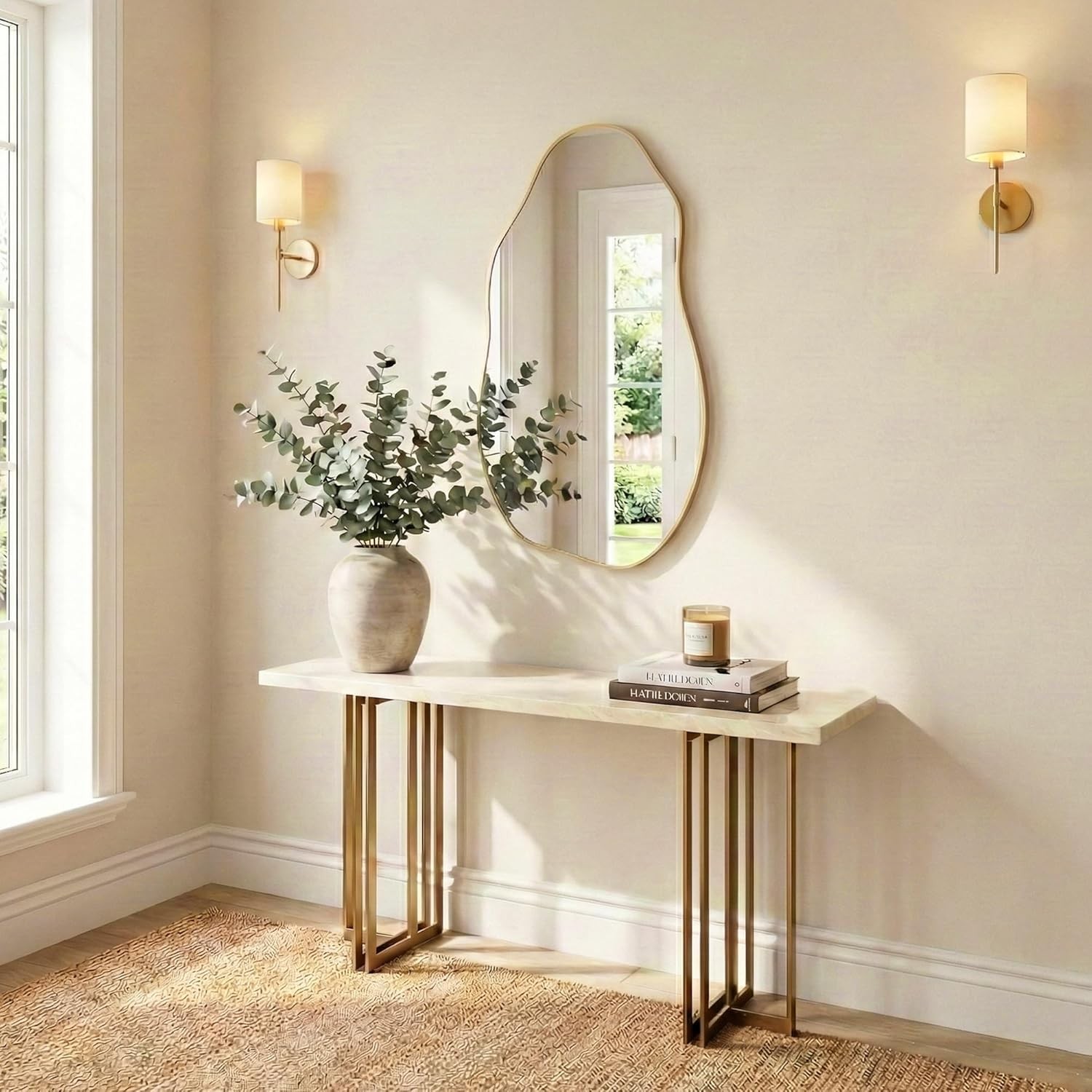 30×16.5 Asymmetrical Wall Mirror, Matte Gold Rust Proof Frame, Wavy Glass