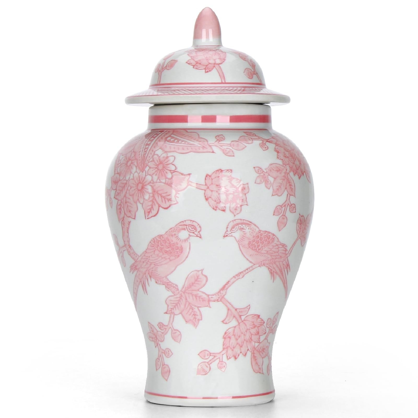 11″ Pink Ginger Jar with Lid Porcelain Stylized Songbirds Floral Temple Ja