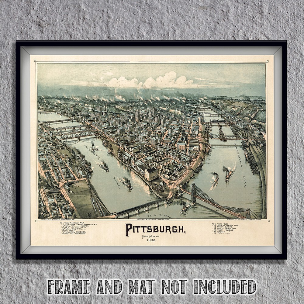 Pittsburgh Pennsylvania 1902 Birdseye View Map Historic City River Bridge Print