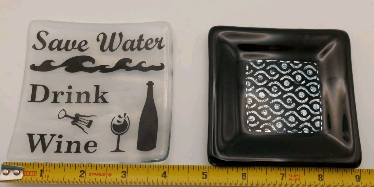 Handcrafted Fused Glass Decorative Plates –Black/Silver & “Save Water Drink Wine