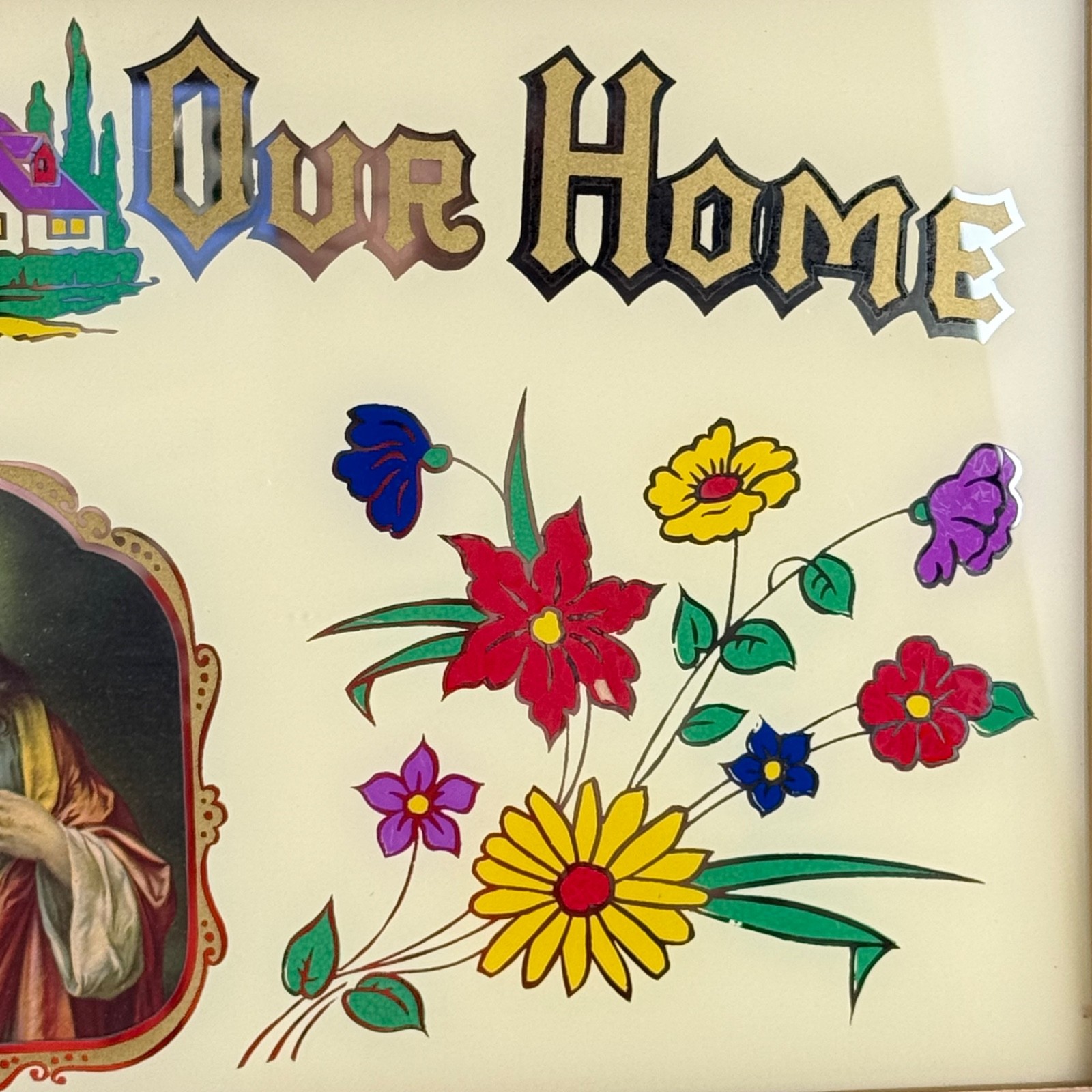 Vintage God Bless Our Home Reverse Print On Glass Foil Art Jesus Religious 17×9