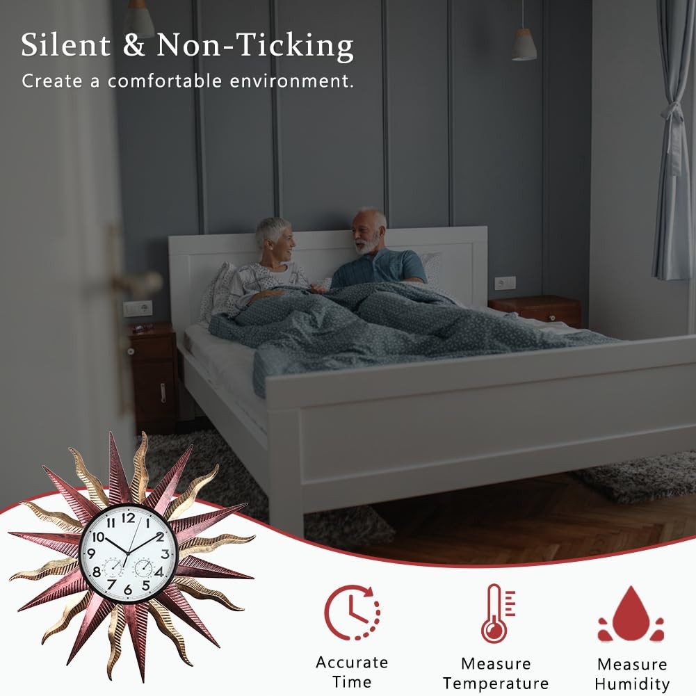 Large Outdoor Clock with Thermometer & Humidity – Silent Non-Ticking, Sun Outdoo