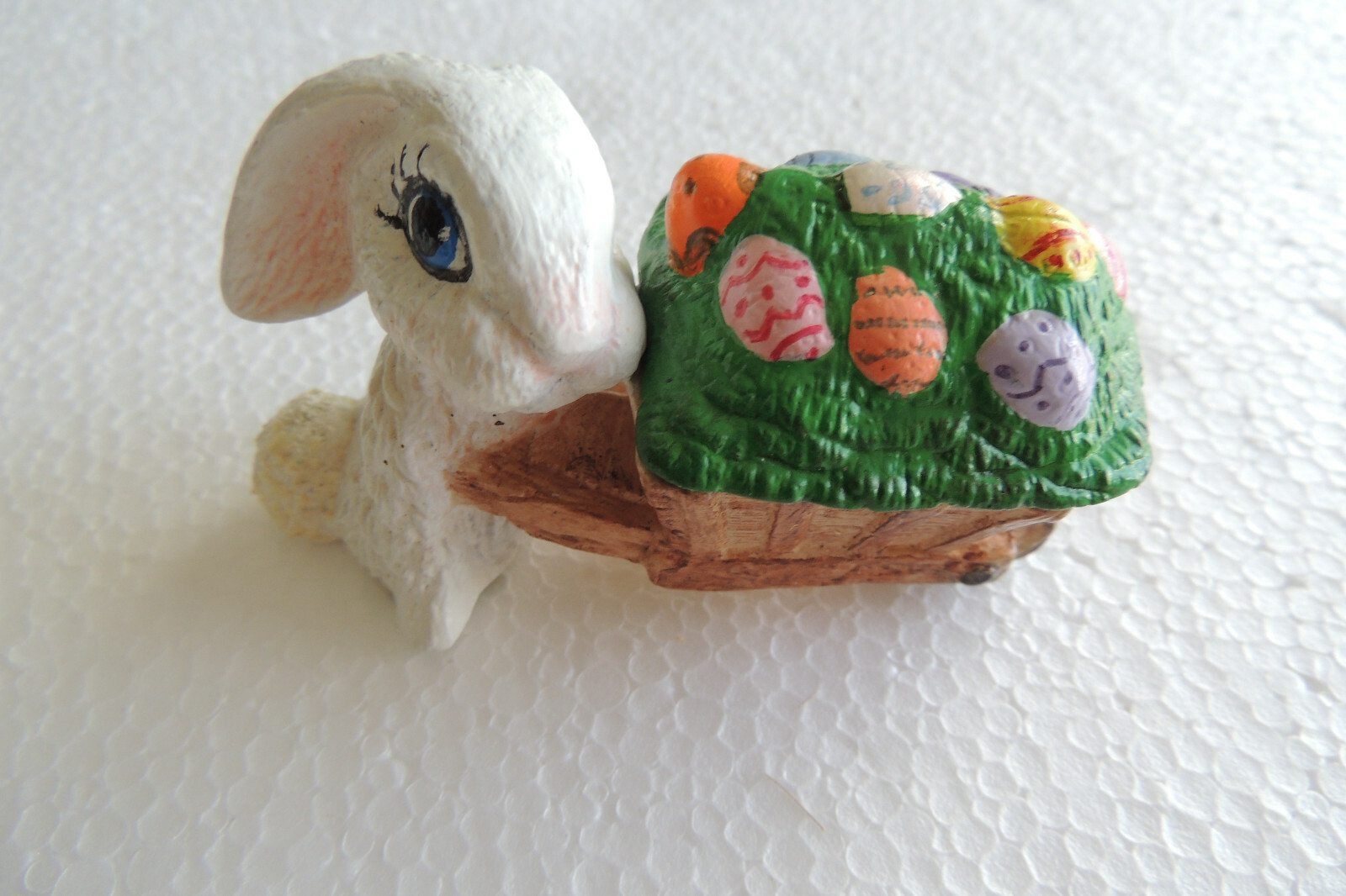 Ceramic Bunny w/Wagon Full Easter Eggs, handmade 4 inch long in ceramic class