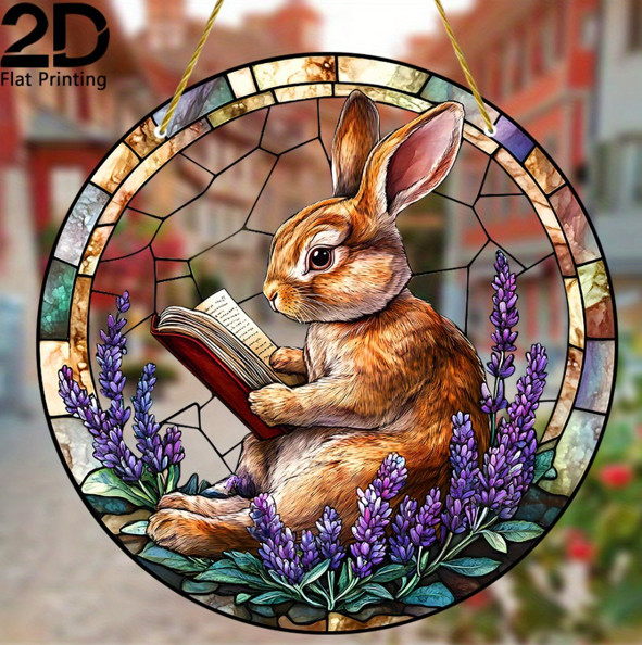 Bunny Reading Book Suncatcher Acrylic Stained Glass Style Window Hanging