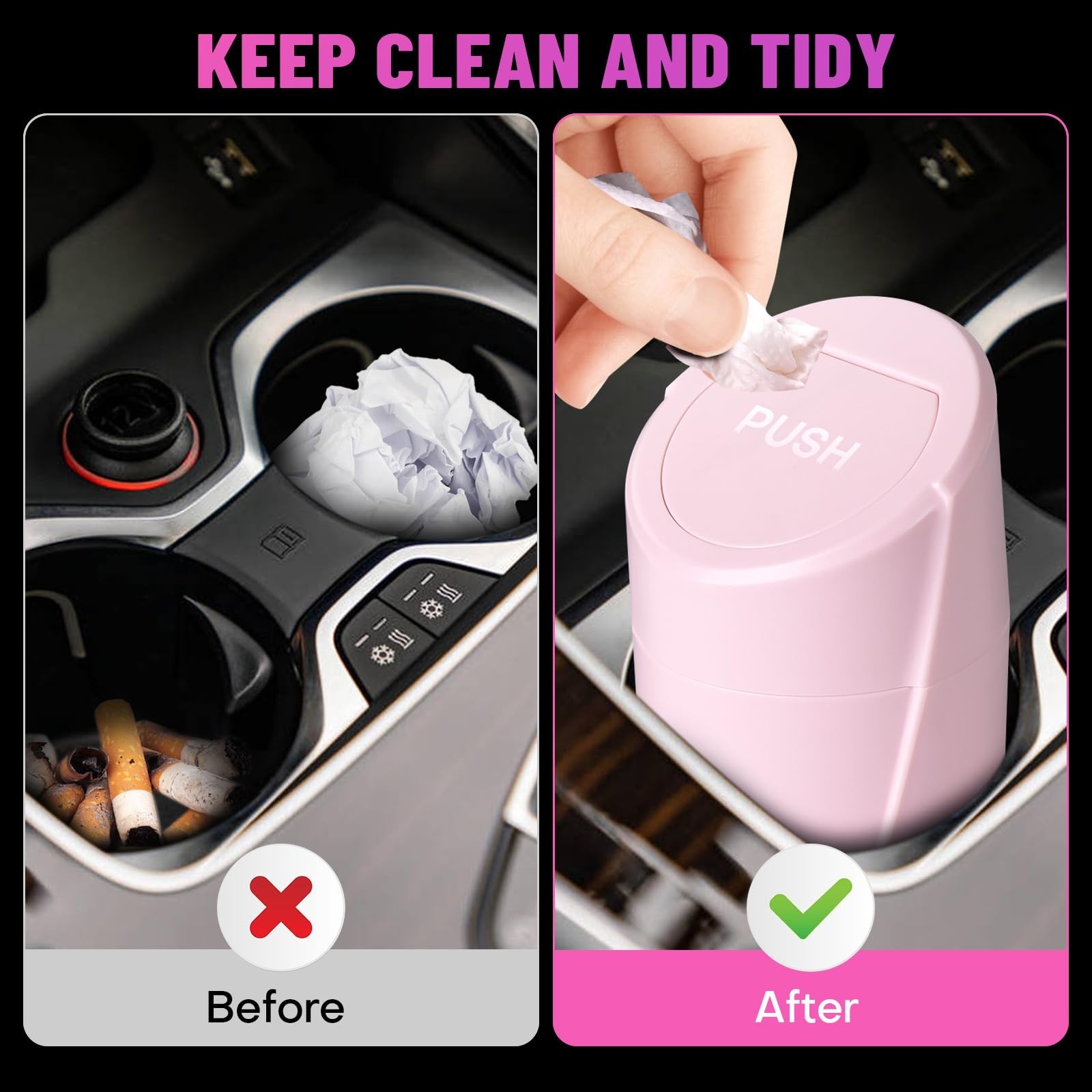 Car Trash Can Bin with Lid – Car Garbage Can Cup Holder – Pink Mini Leakproof…