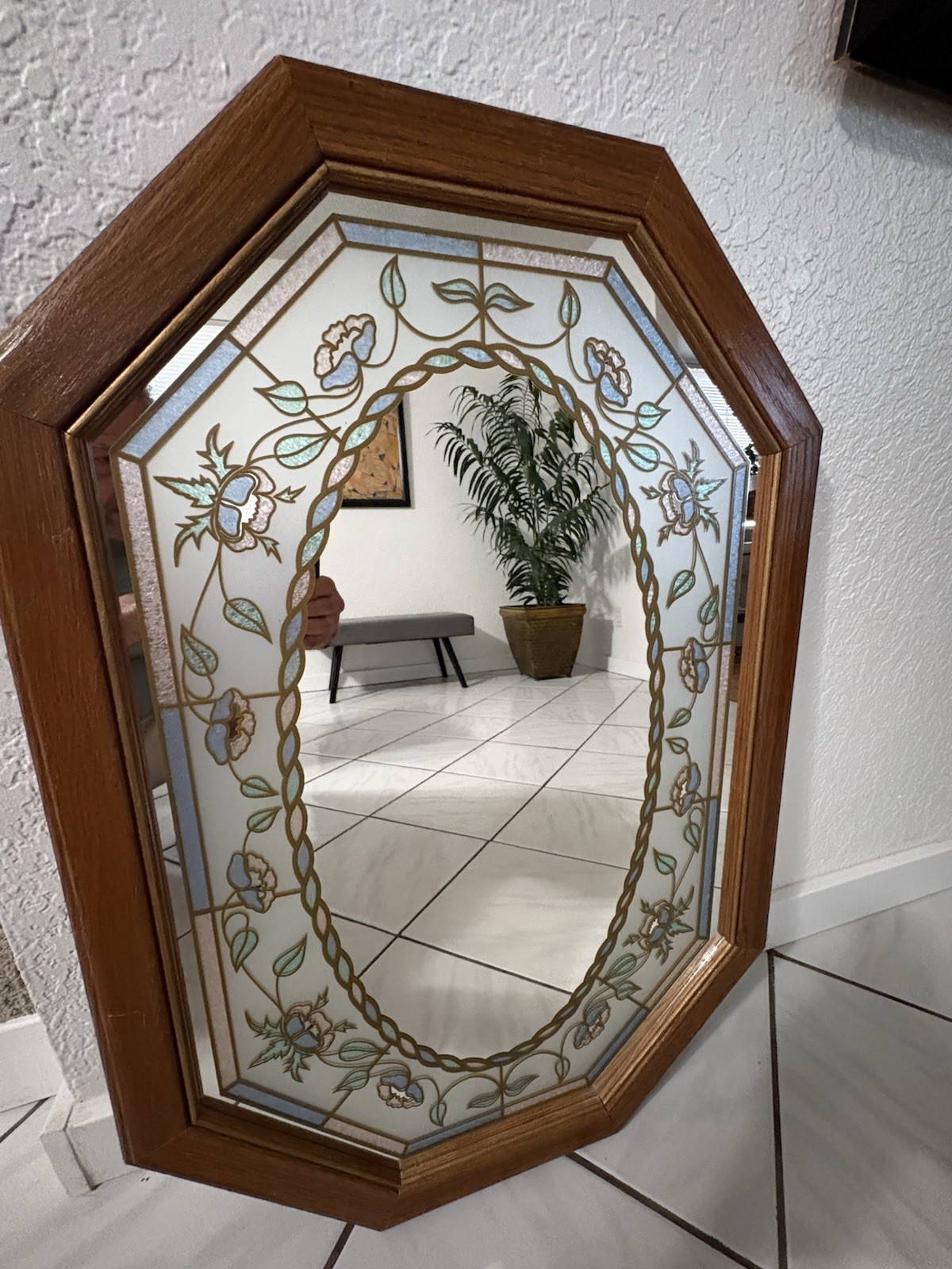 Vintage 80’s Octagonal Floral Etched Mirror Retro Stained Glass Wood Frame Pink