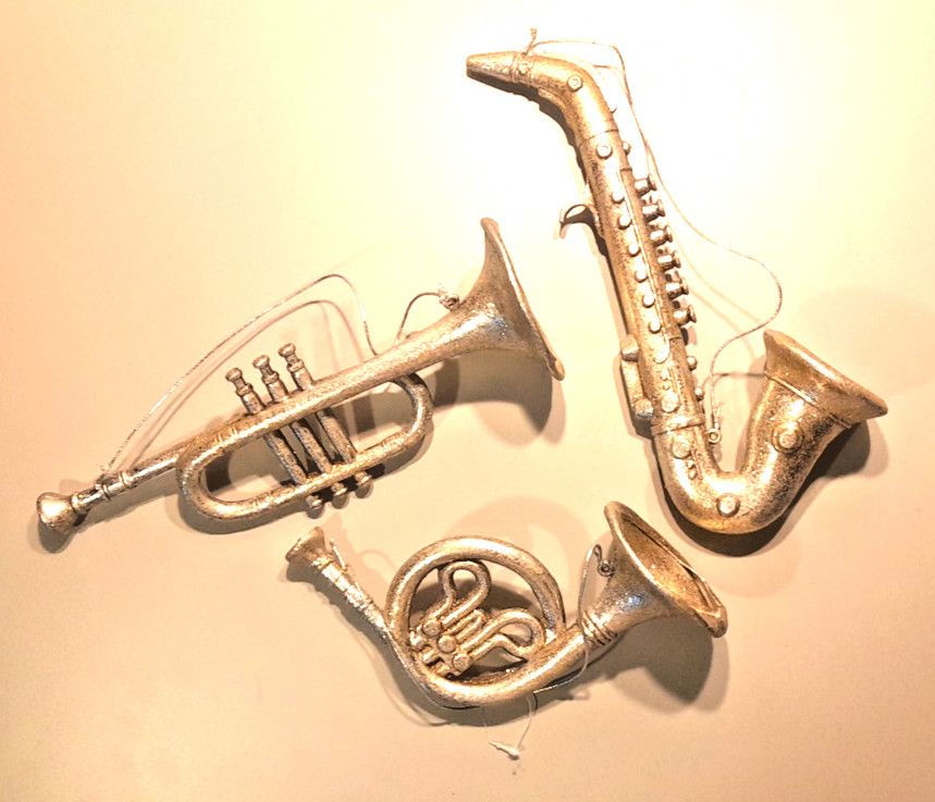 Musical Instruments Decor Ornaments Set 3 Sax Trumpet French Horn Gold Tone
