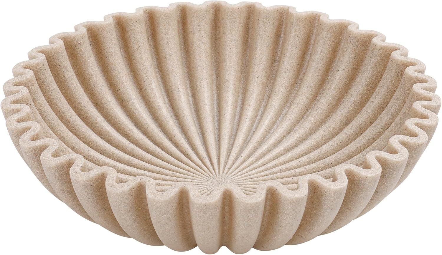 10″ Fluted Decorative Resin Bowl Neutral Sandstone Centerpiece Fruit Bowl Modern