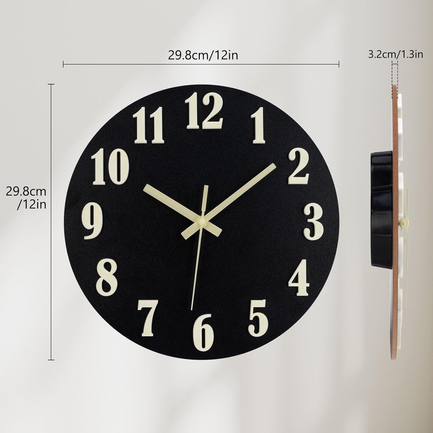 12” Wall Clock Large Luminous Quartz Night Light Glow In The Dark Silent Home