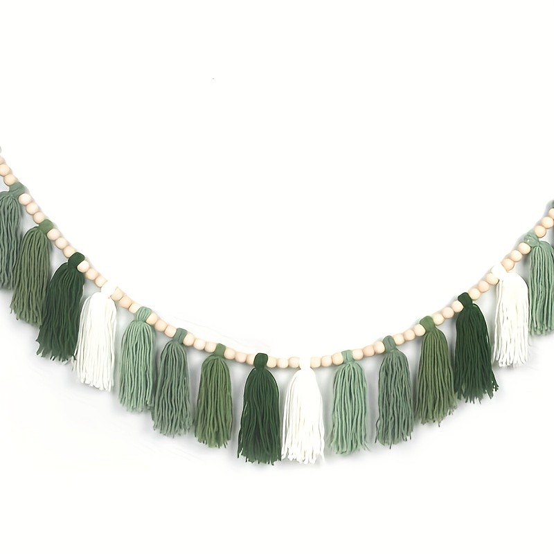 Boho Yarn Green Garland Wall Hanging Decor Tassel Banner With Beads Home Decor