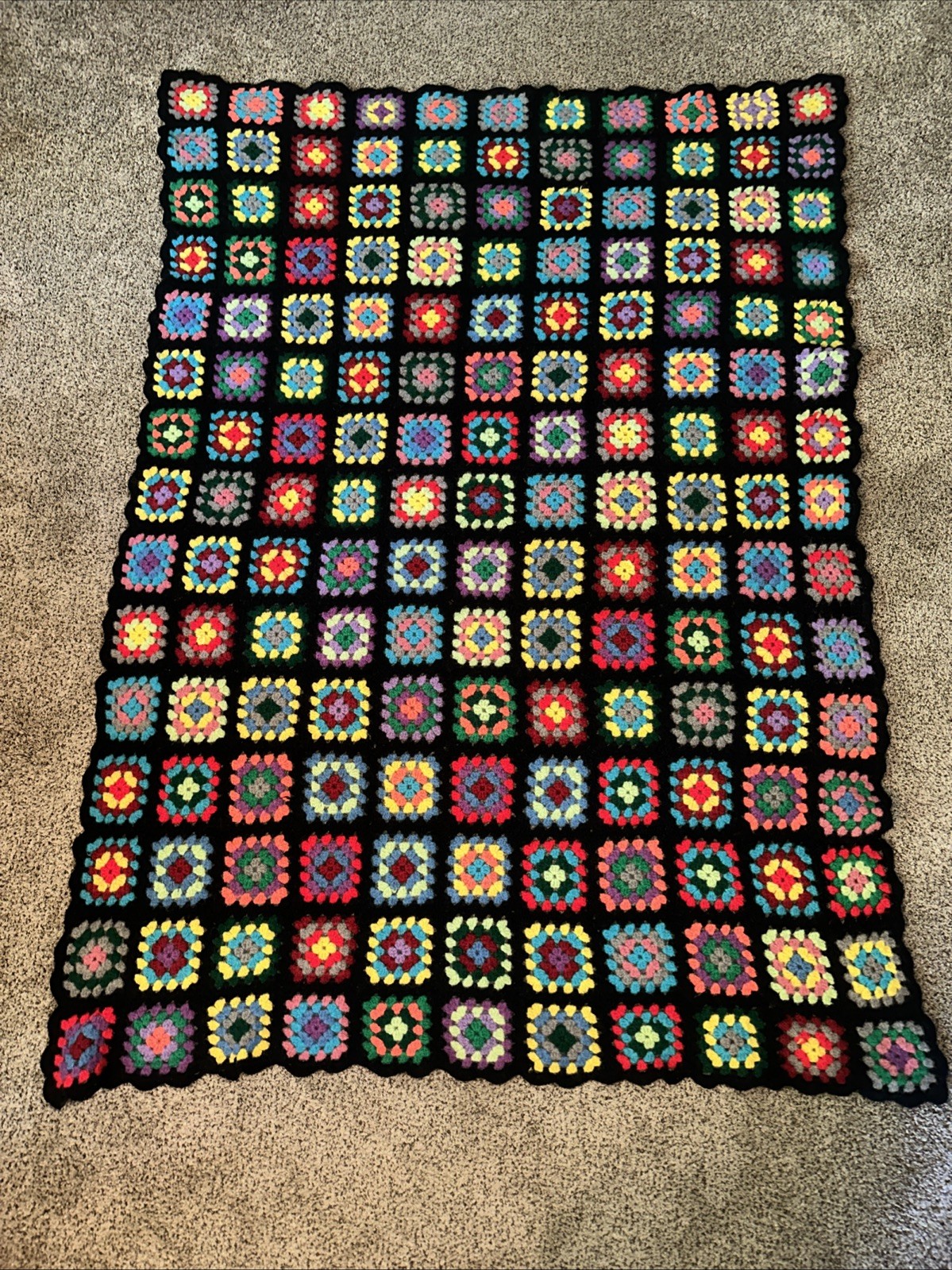 Vtg Granny Square Crochet Throw Blanket Afghan 70 X 52” Large Black Multicolor