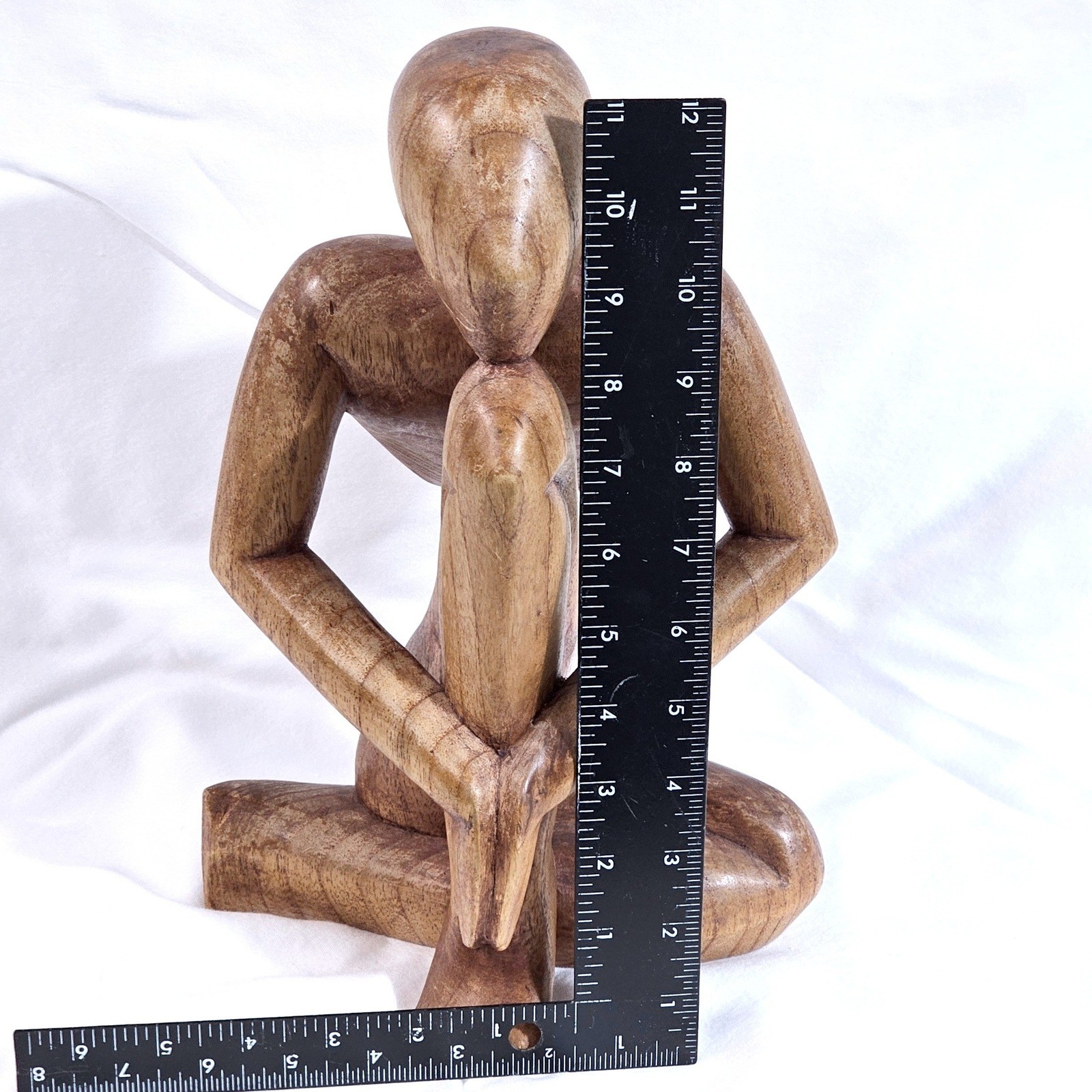 Modernist Solid Wood Thinker Sculpture Hand Carved Seated Human Figure 12″ EUC