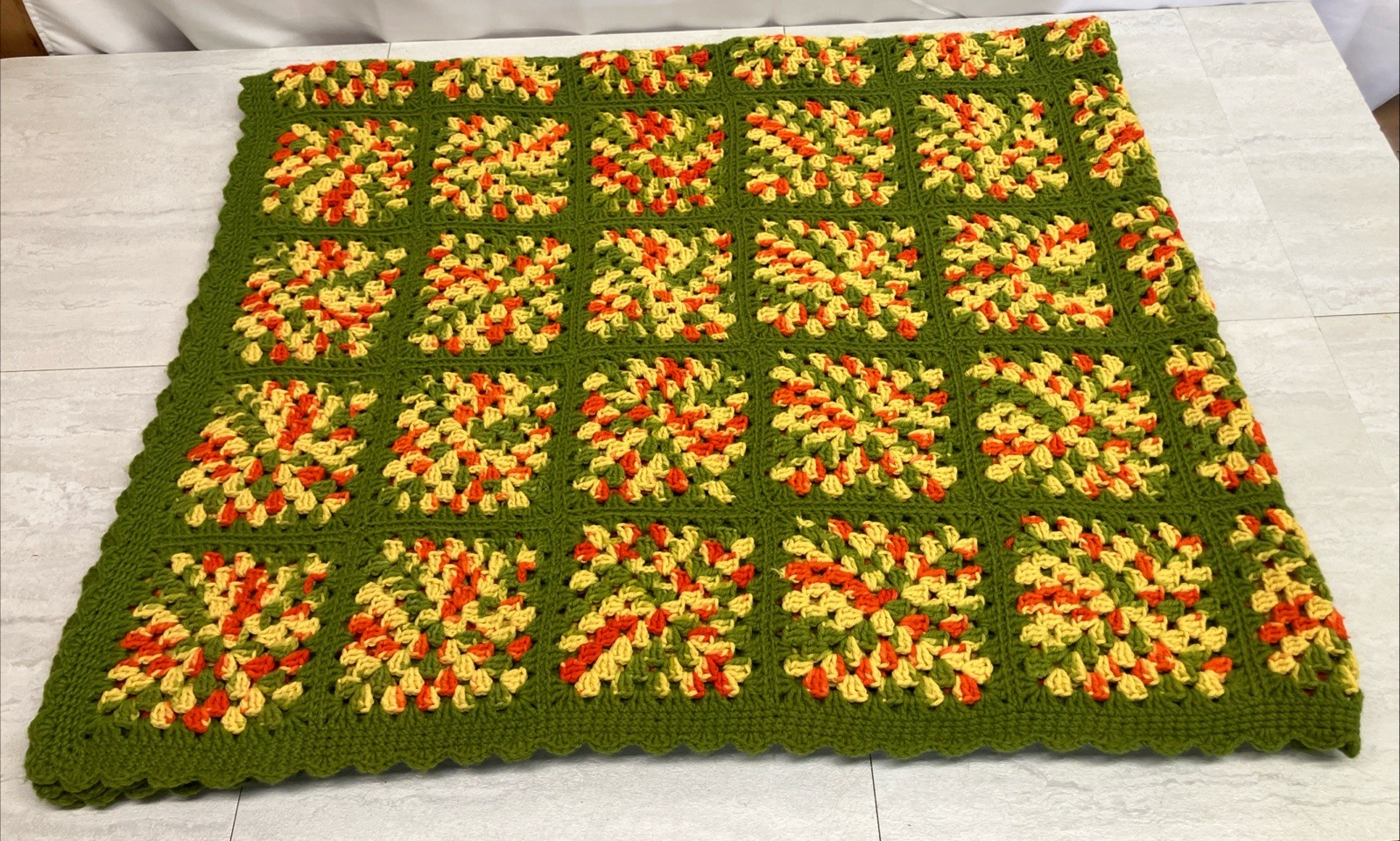 Granny Square Afghan Green Orange Yellow Blanket 60”x72” Psychedelic Spring