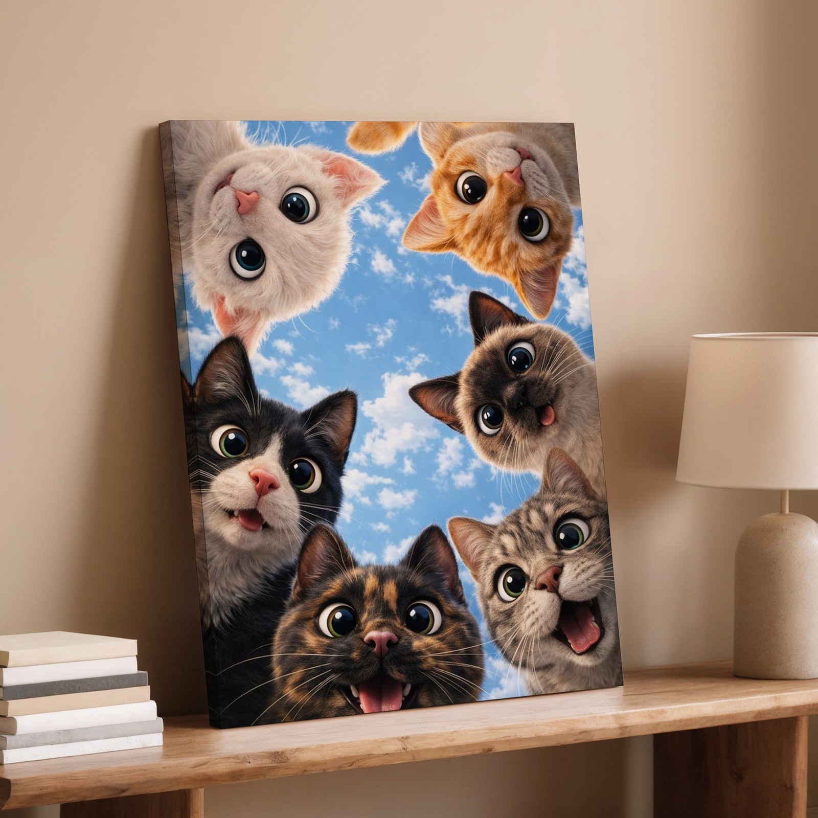 Cute Cats Canvas Wall Art Blue Sky Kitty Faces Whimsical Animal Decor Print