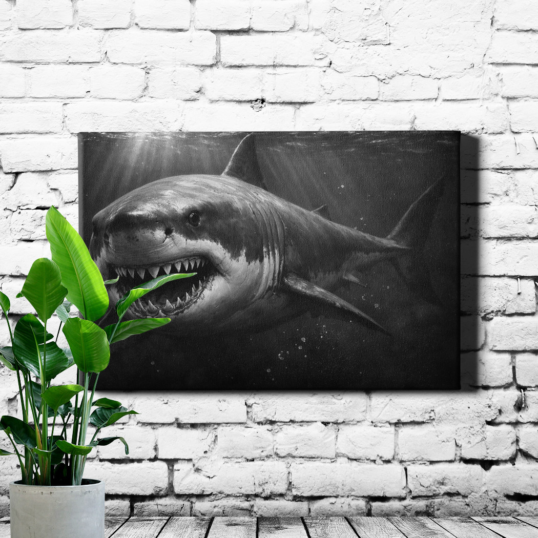 Great White Shark Canvas Print Underwater Monochrome High Contrast Open Mouth