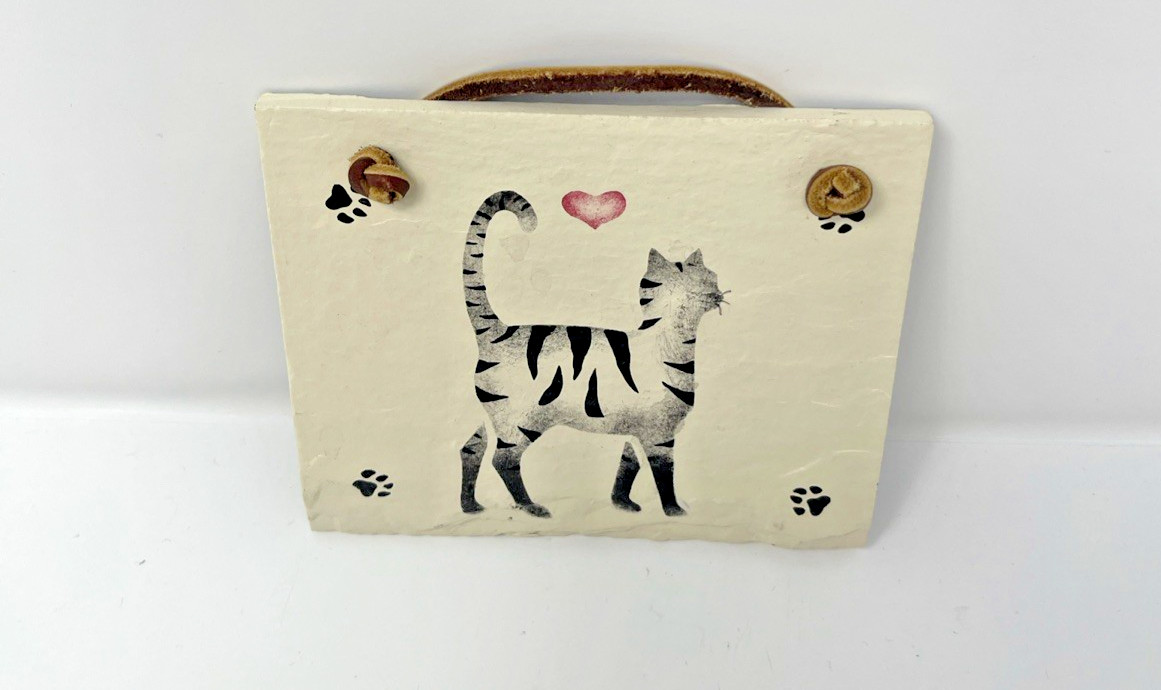 Hand Painted Slate Tile Wall Hanging Striped Cat Paws Heart Country Kitty Plaque