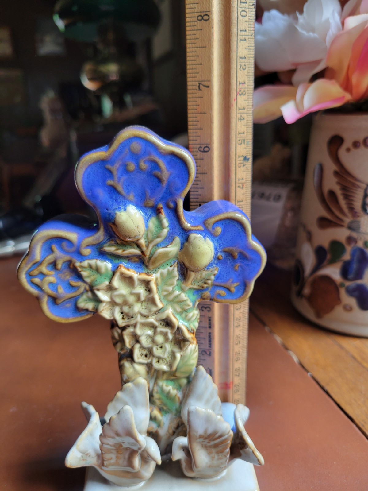 Ceramic Glazed Religious Inspirational Cross, Doves & Flowers Decor