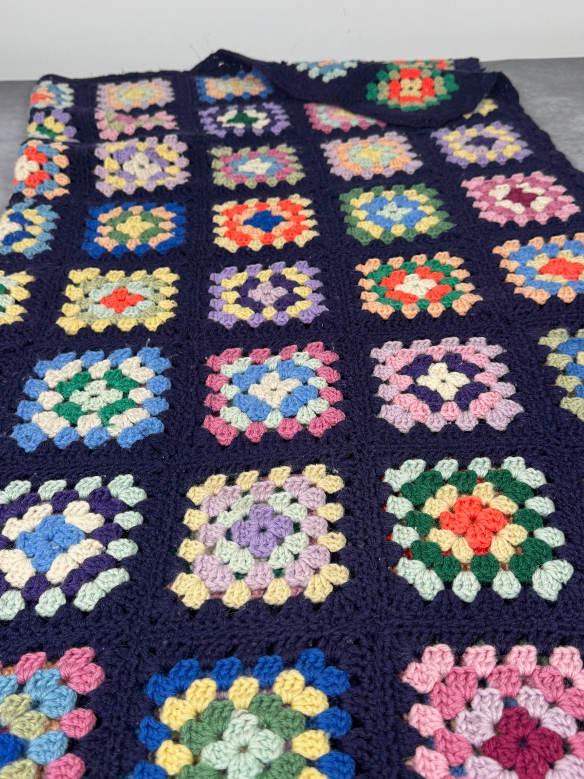 Handmade Crochet Granny Square Afghan Throw Blanket Navy Multicolor 54×54