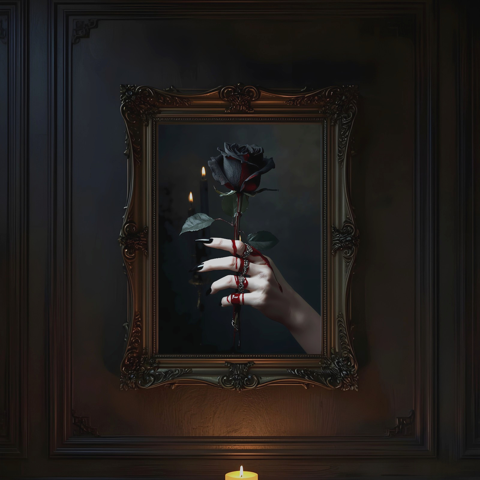 Gothic Black Rose Canvas Wall Art Dark Floral Witch Hand Print