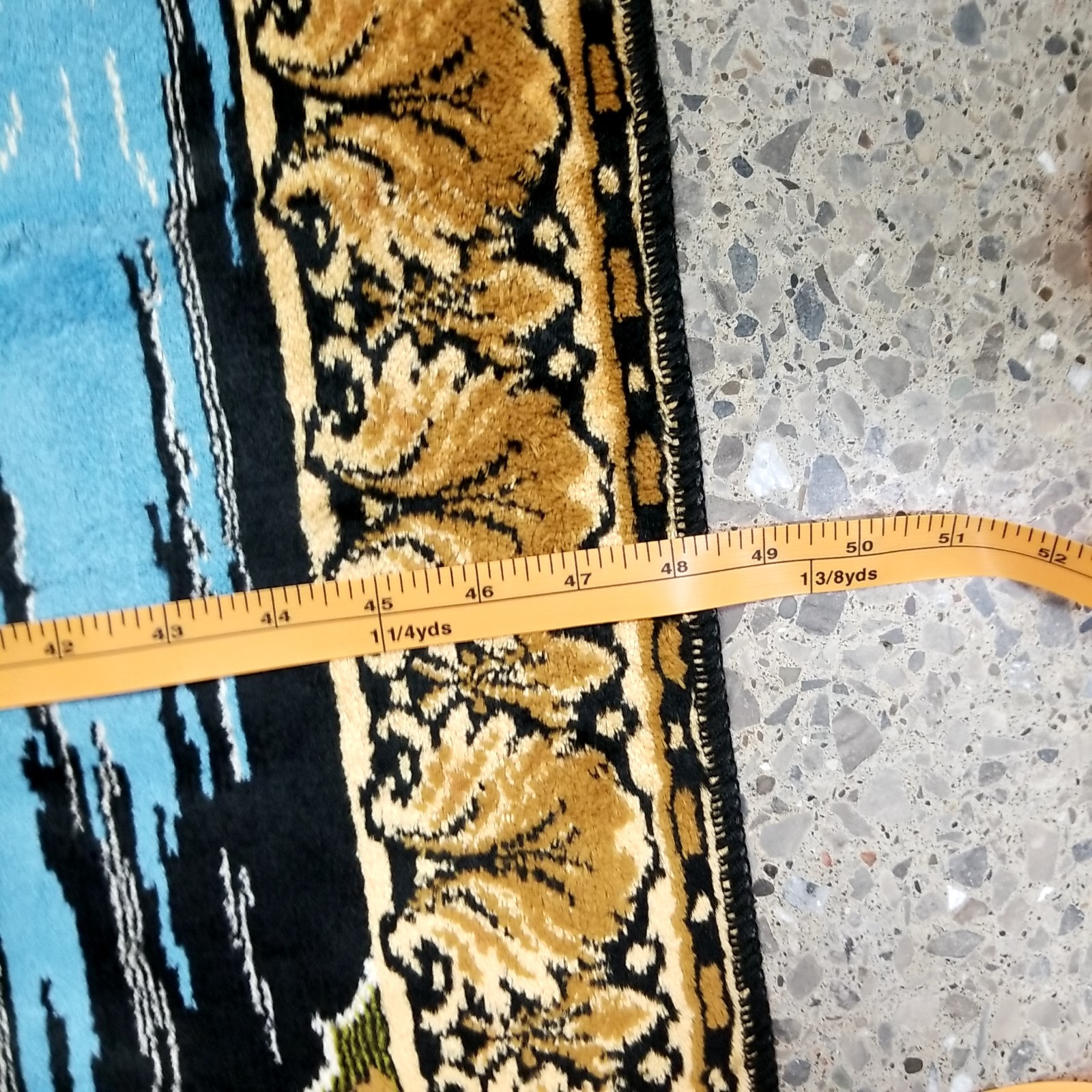 VTG Blue Gold Velvet Deer Fringe Wall Tapestry Rug Forest Scene Decor 48×73″