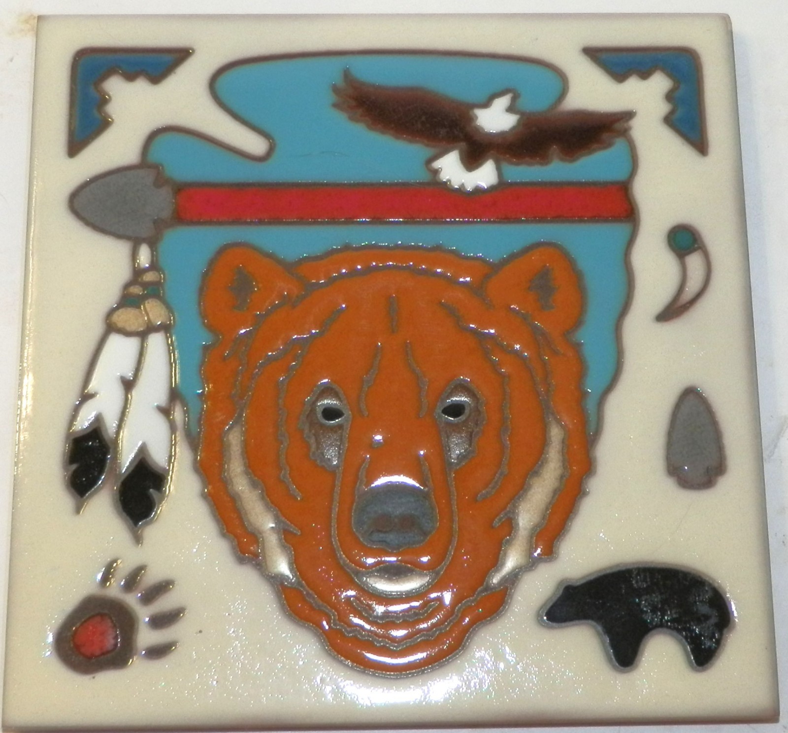 Hand Painted Alaskan Grizzly Bear Ceramic Tile Trivet 6″ Italy