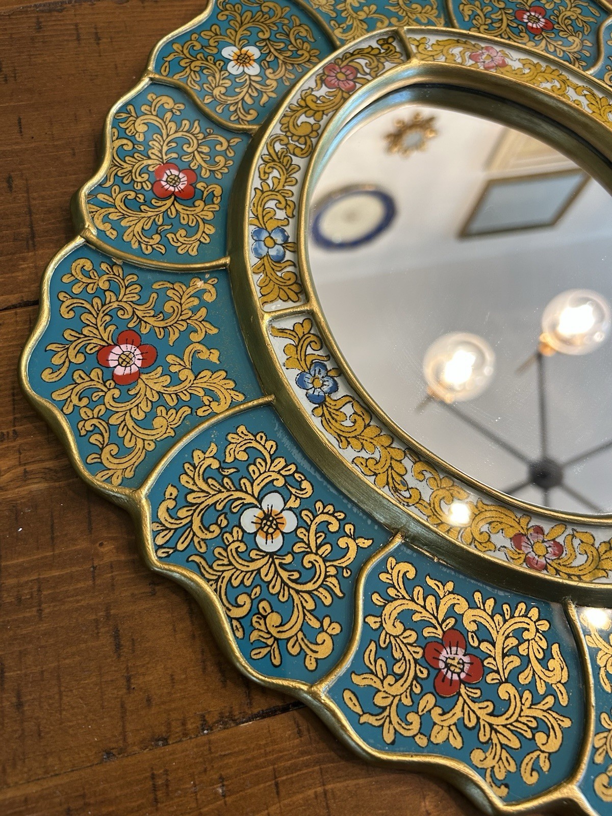 Peruvian Mirror Dimond shape Golden Blue Floral Hand Painted 15”x 13..5”