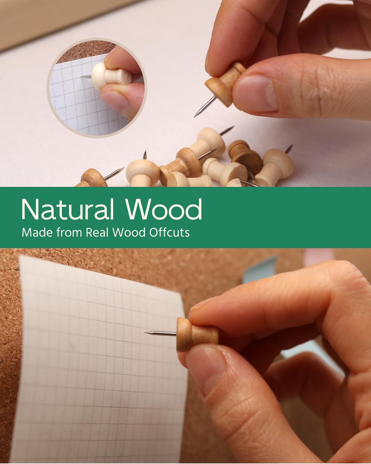 40 Pcs Wood Push Pins, Decorative Wooden Thumb Tacks for Cork Board, Natural & L
