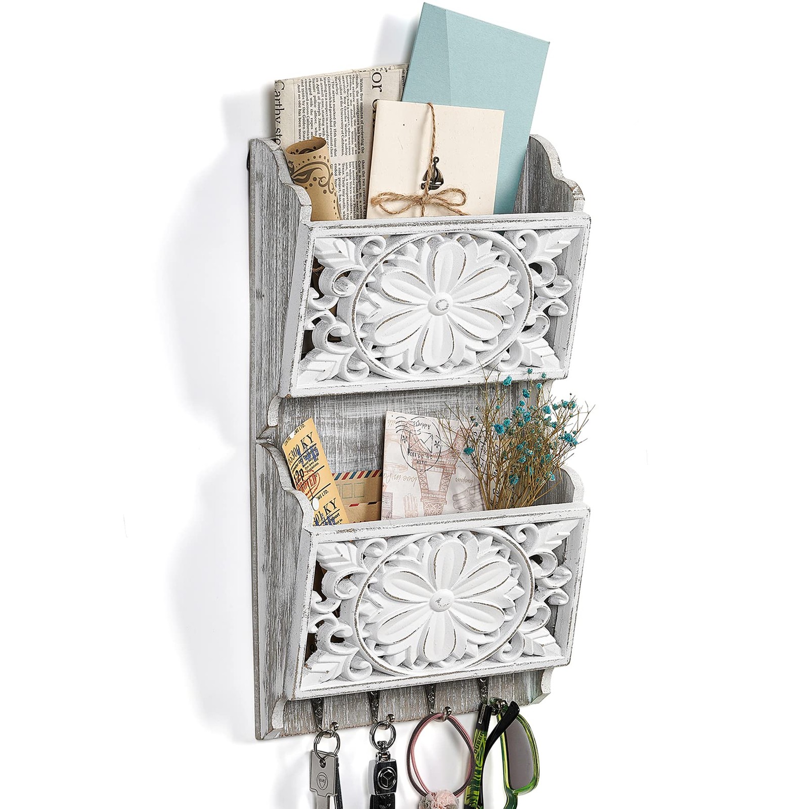 Dhmkfly 2-Slot Mail Organizer Wall Mount with 4 Hooks, Rustic Medium, Larger