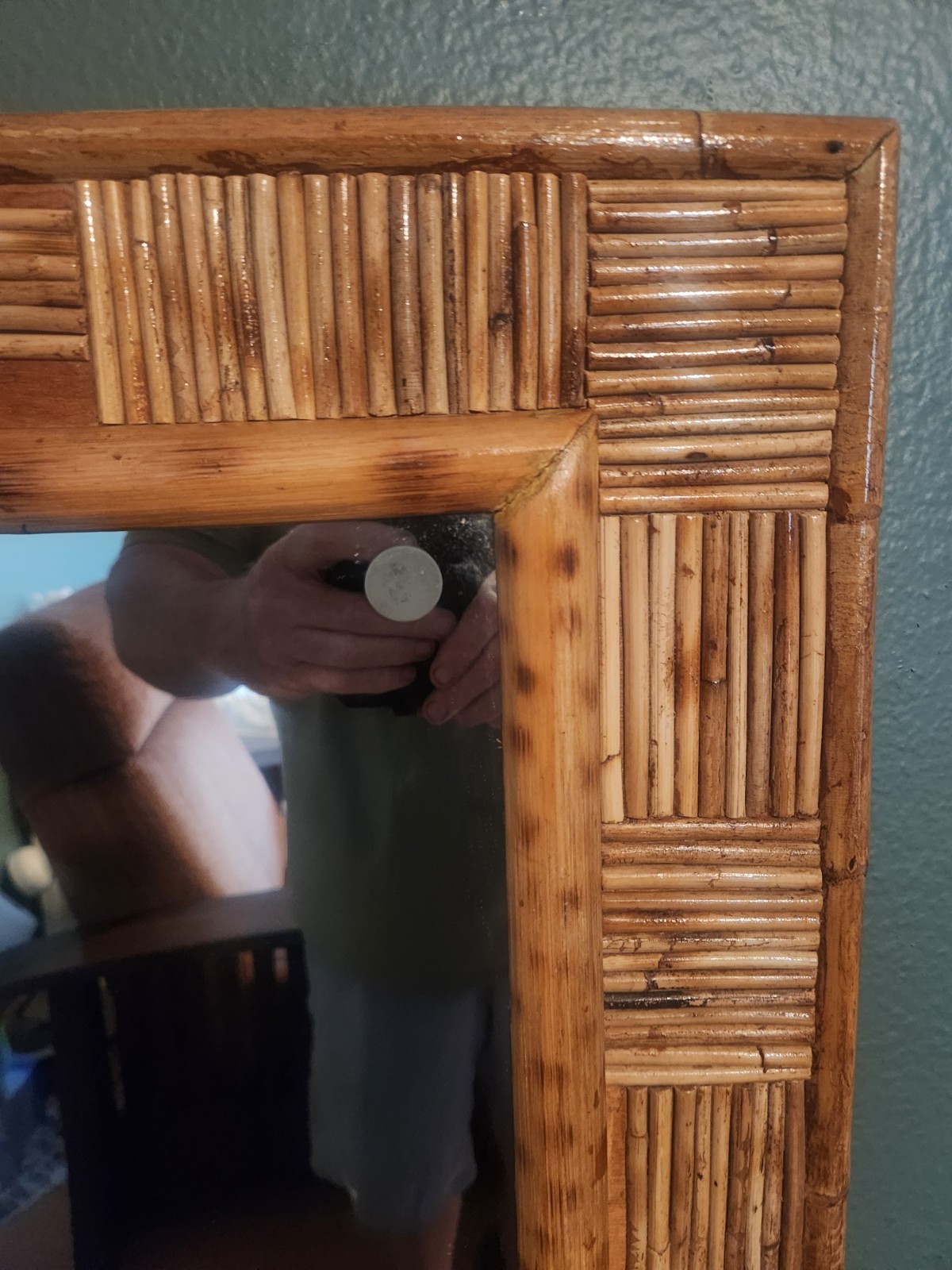 Vintage Coastal Boho MCM Tortoise Bamboo Rectangle Framed Mirror – 27” x 22”