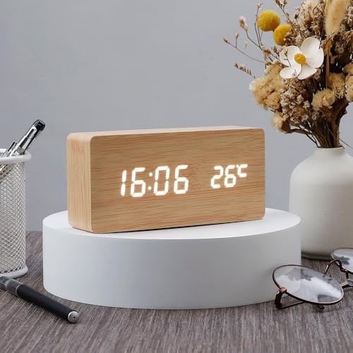 Battery Powered Digital Clock for Bedroom and Living Room Decor, Wooden