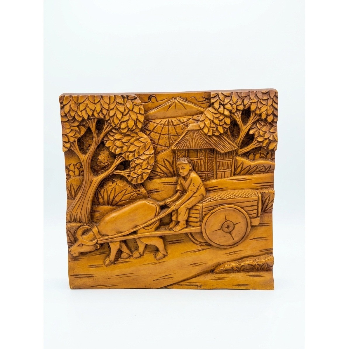 Vintage Philippines Hand Carved Wood Relief Plaque Carabao Cart Scene 12×12