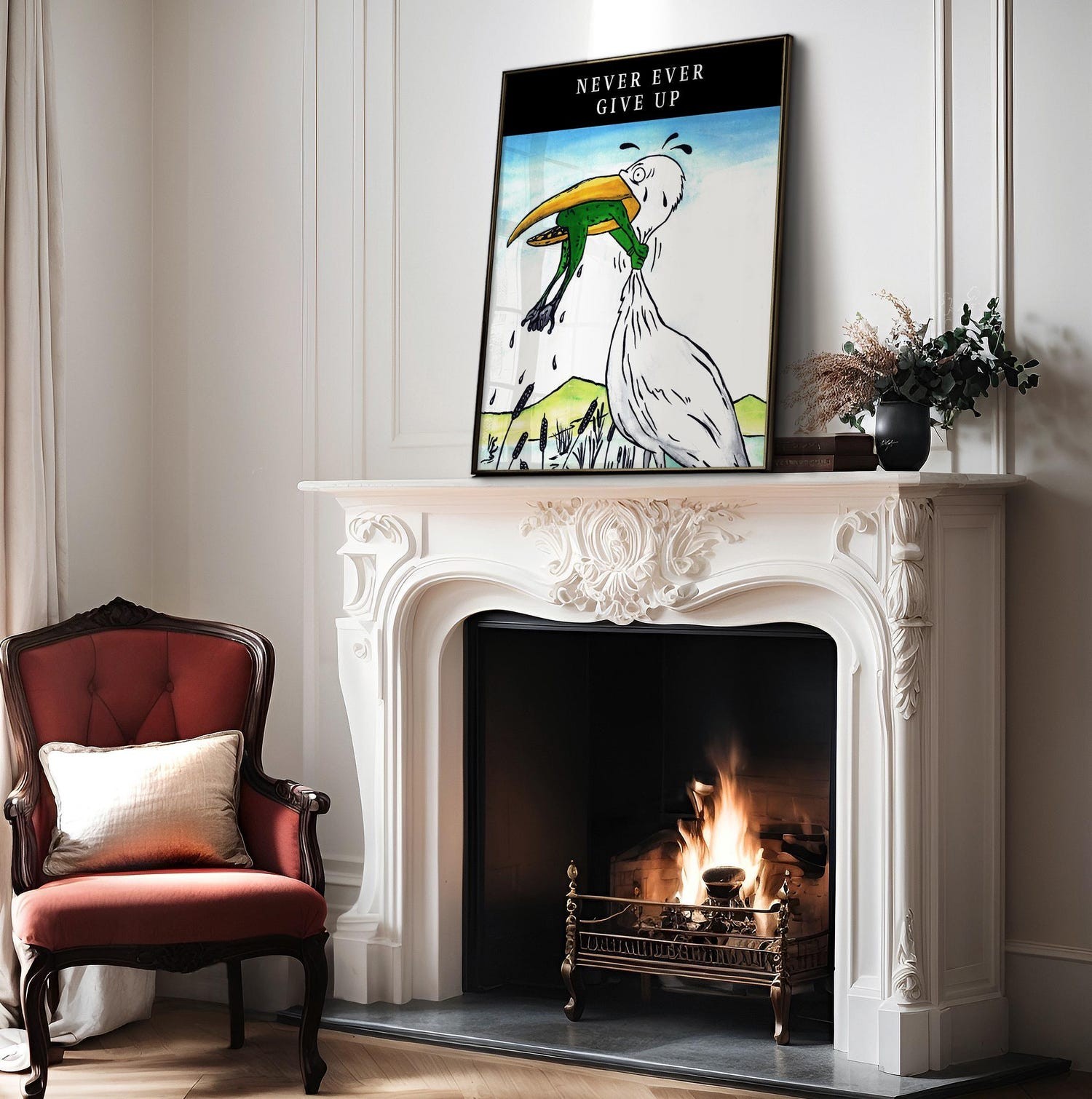 Never Ever Give Up Poster Crane and Frog Motivational Wall Art Office Decor Gift
