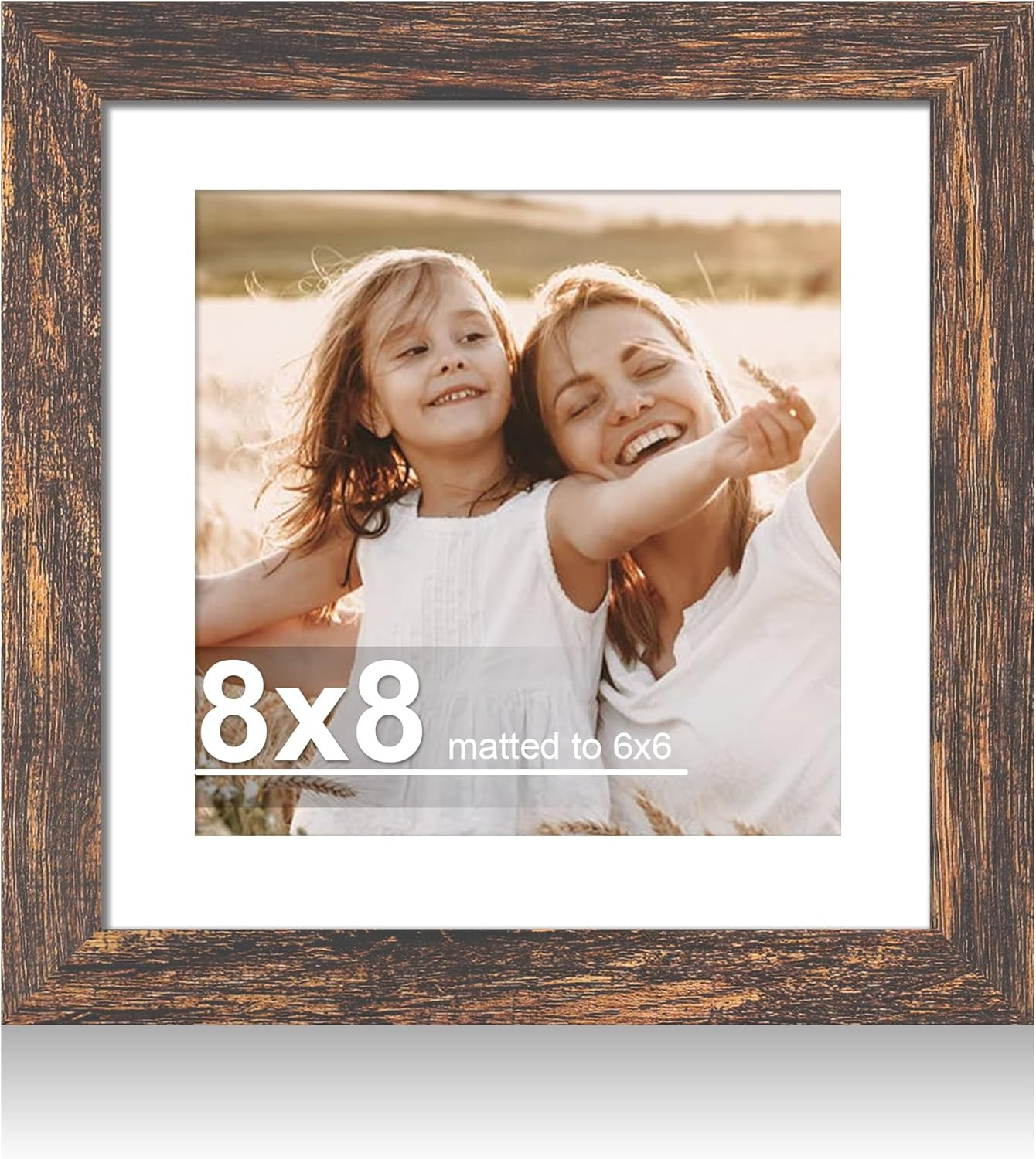 8×8 Picture Frame with Glass, Display Pictures 6×6 with Mat 8X8 in Rustic Brown